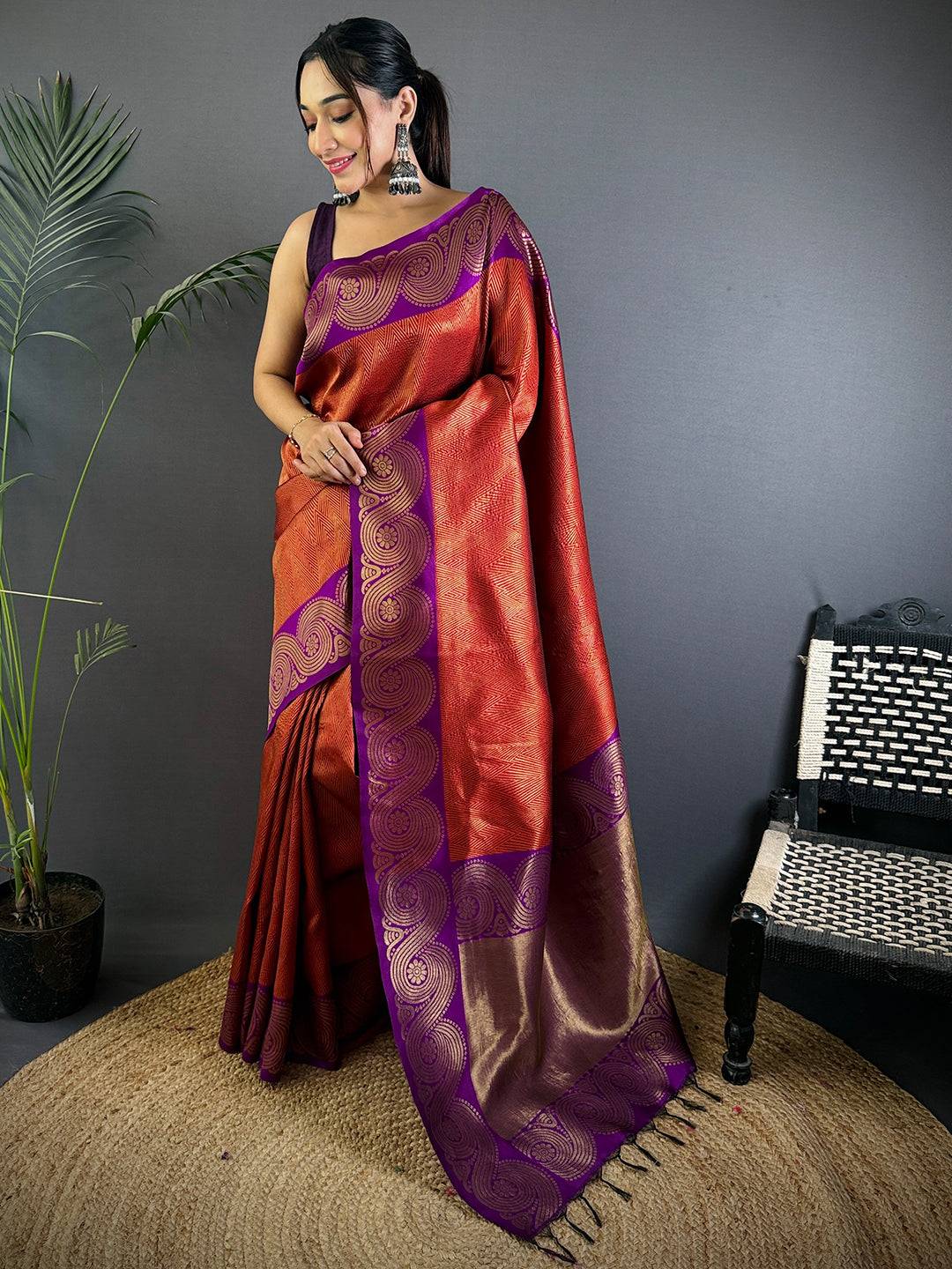 Rust Orange Banarasi Katan Silk Pattu Saree
