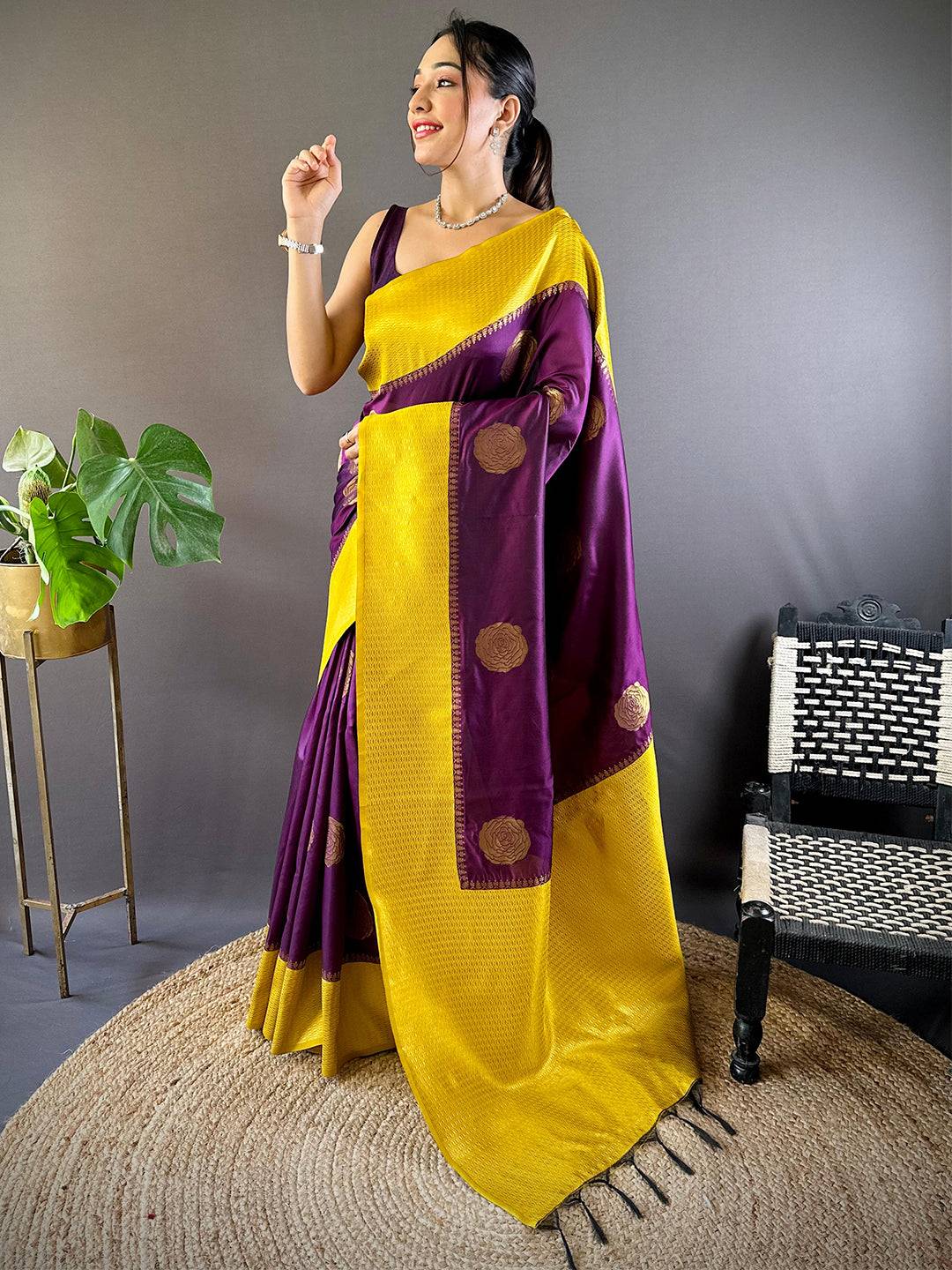 Wine Elegance With Golden Motifs Pattu Saree