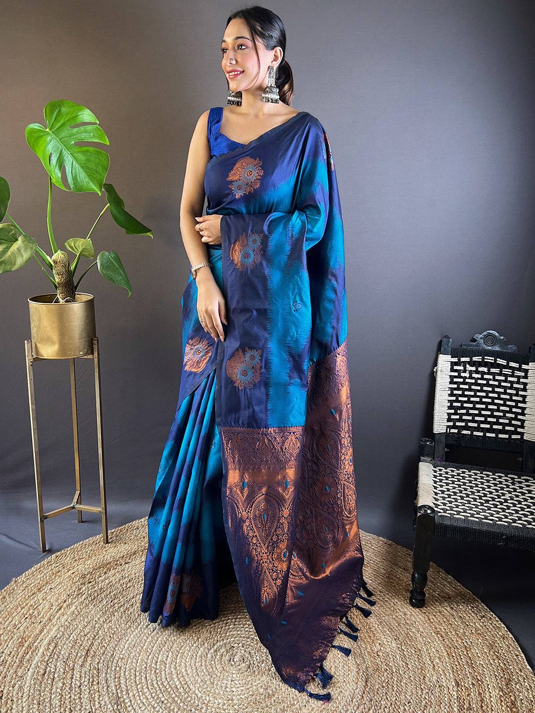 Dark Blue Tussar Silk Ikkat Weaving Pattu Saree