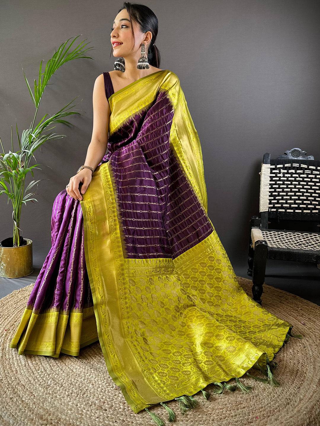 Wine Elegance With Golden Chain Motifs Pattu Saree