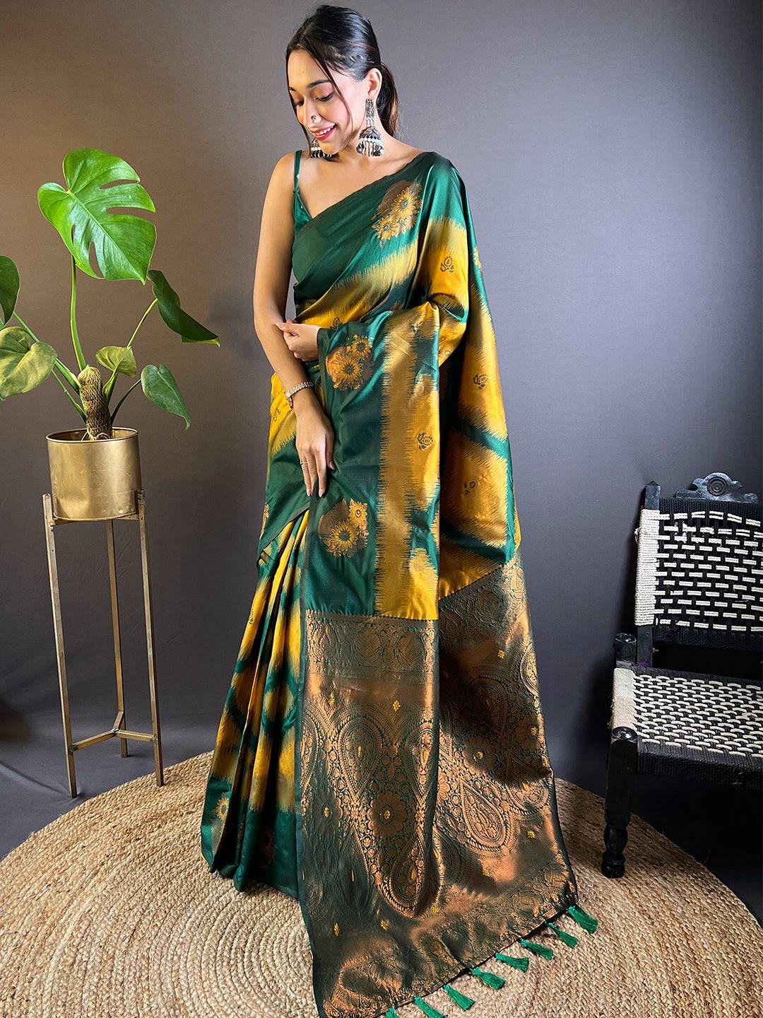 Mustard Tussar Silk Ikkat Weaving Pattu Saree