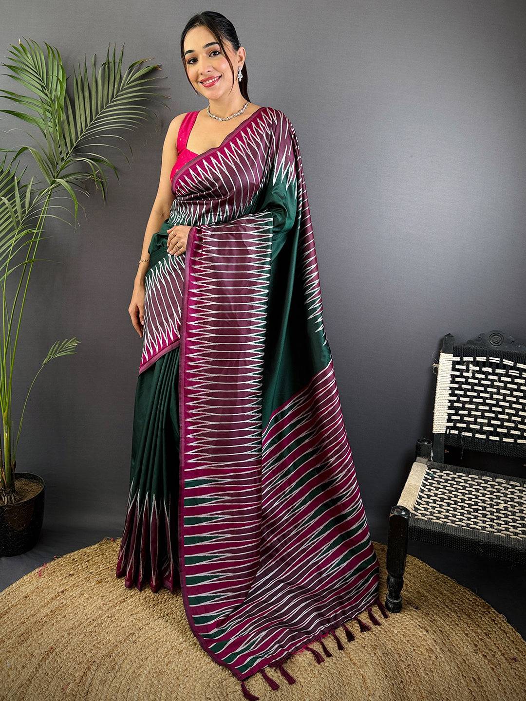 Green Soft Silk Ikkat Zari Weaving Pattu Saree