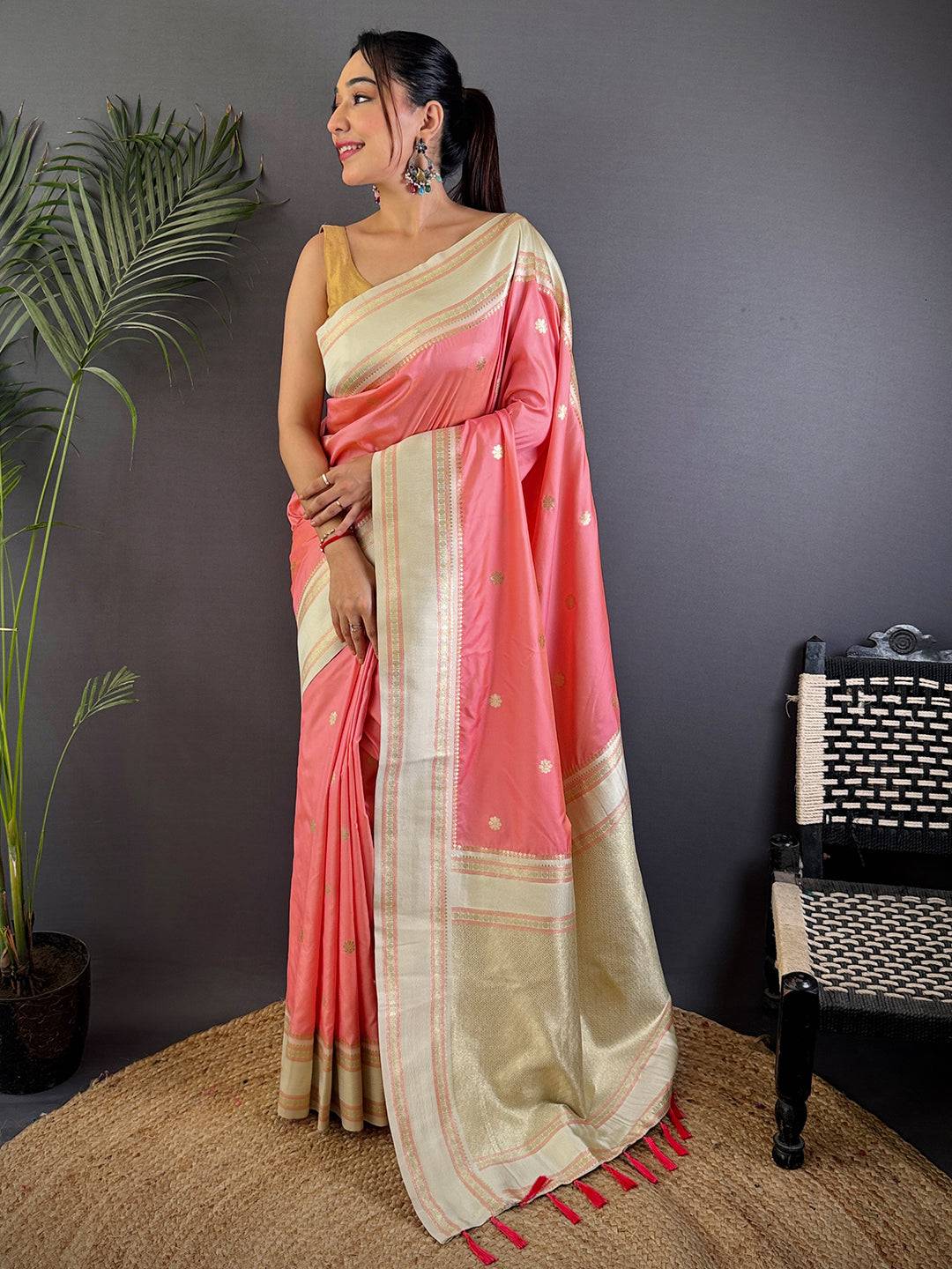 Radiant Peach Soft Silk Floral Butta Pattu Saree