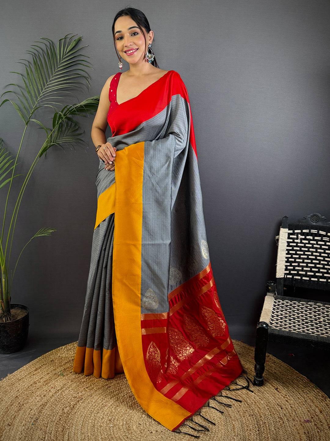 Grey Soft Katan Silk Banarasi Pattu Saree