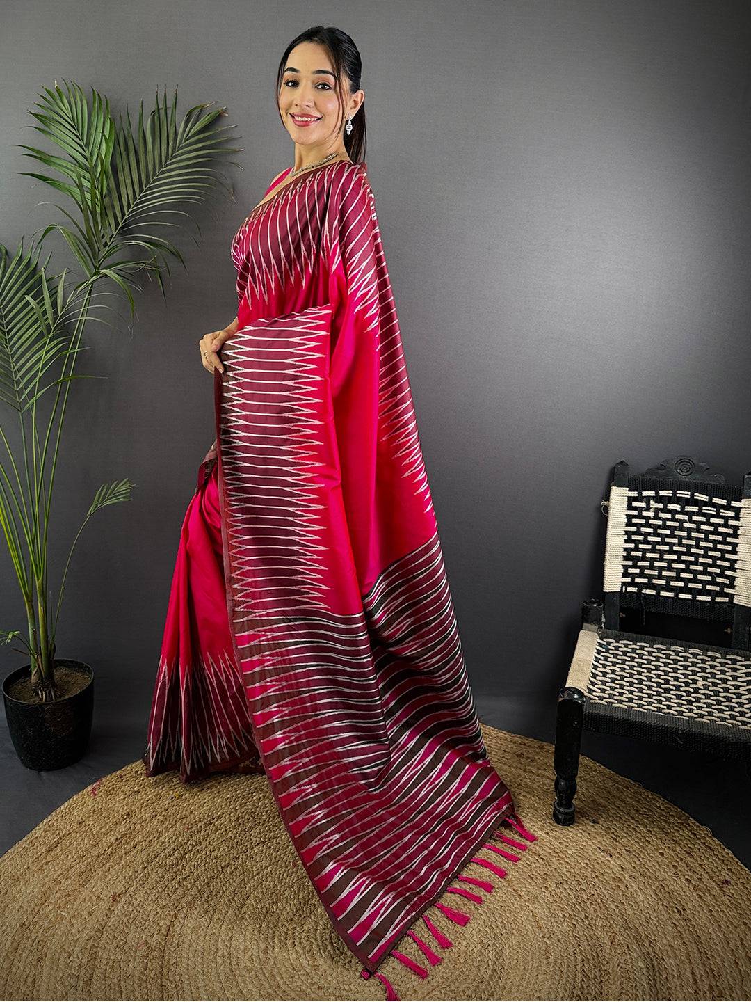 Pink Soft Silk Ikkat Zari Weaving Pattu Saree