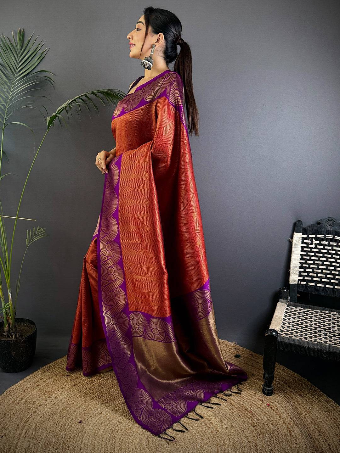 Rust Orange Banarasi Katan Silk Pattu Saree