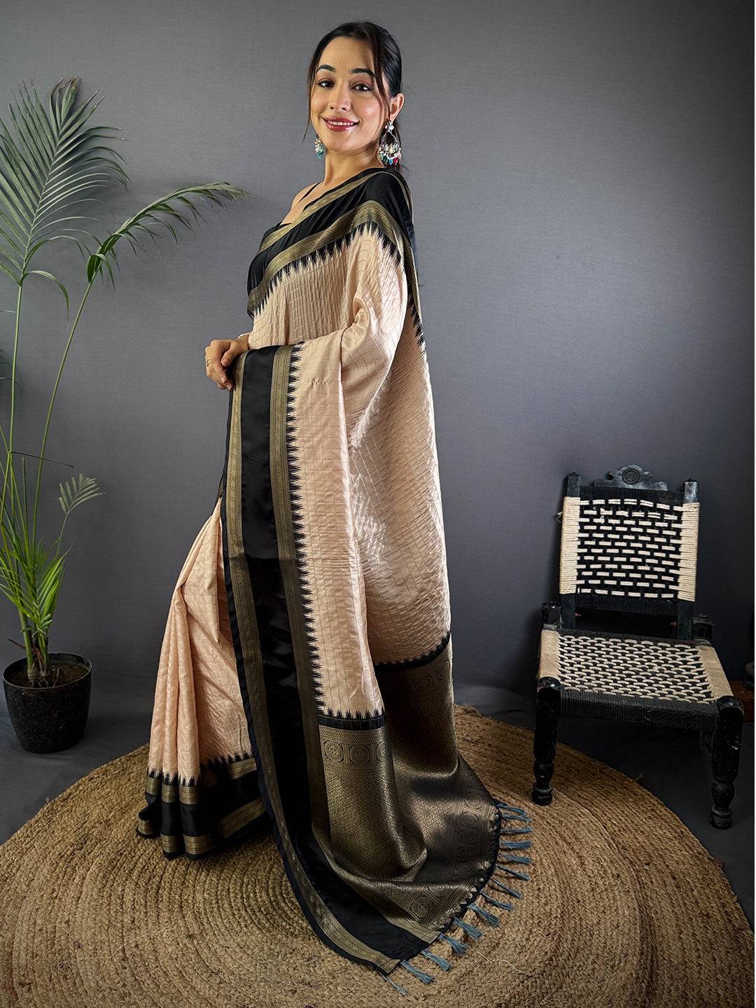 Beige Zari Checked Satin Rettapet Pattu Saree