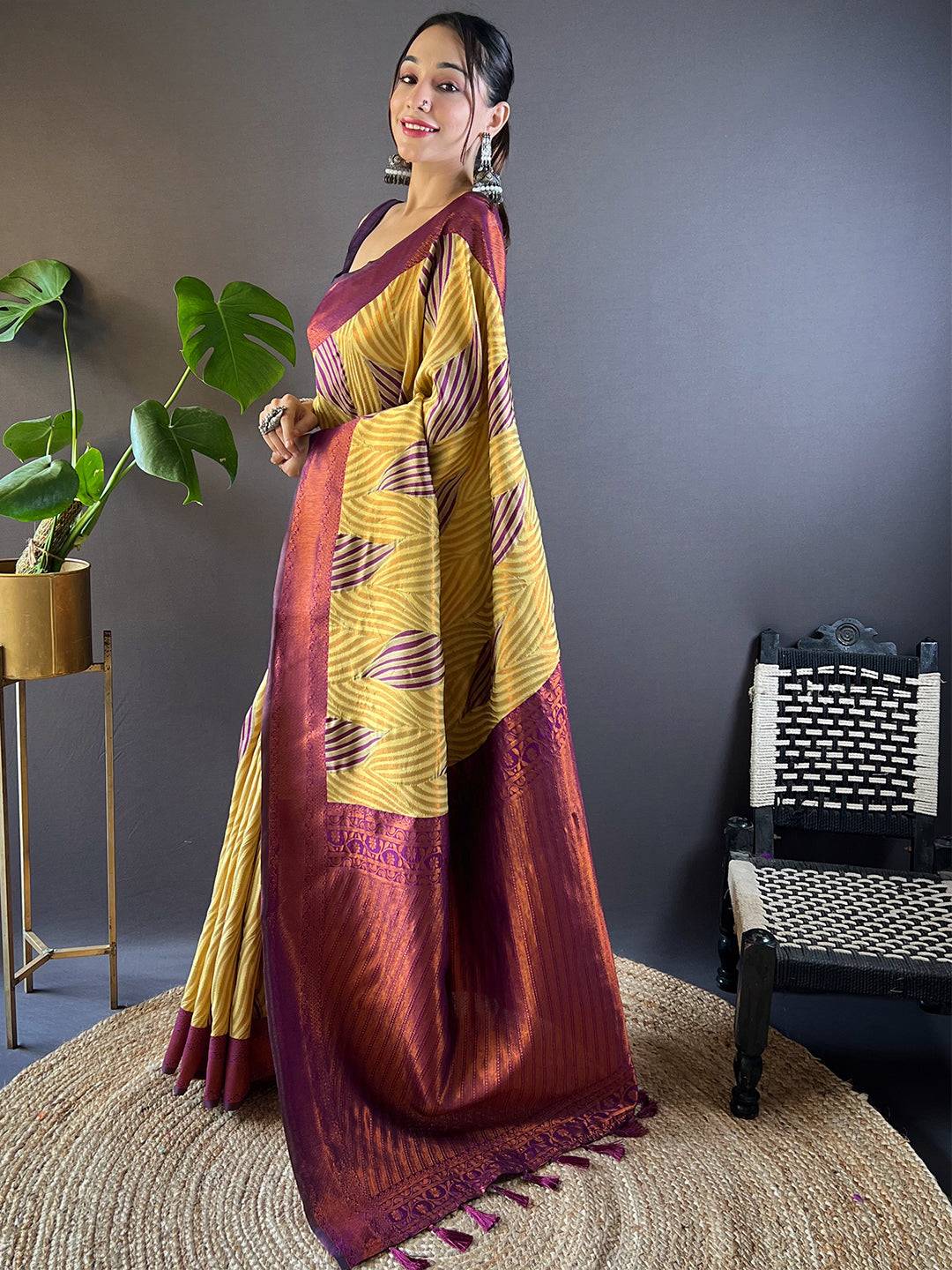 Olive Tussar Silk Zari Weaving Ikkat Pattu Saree