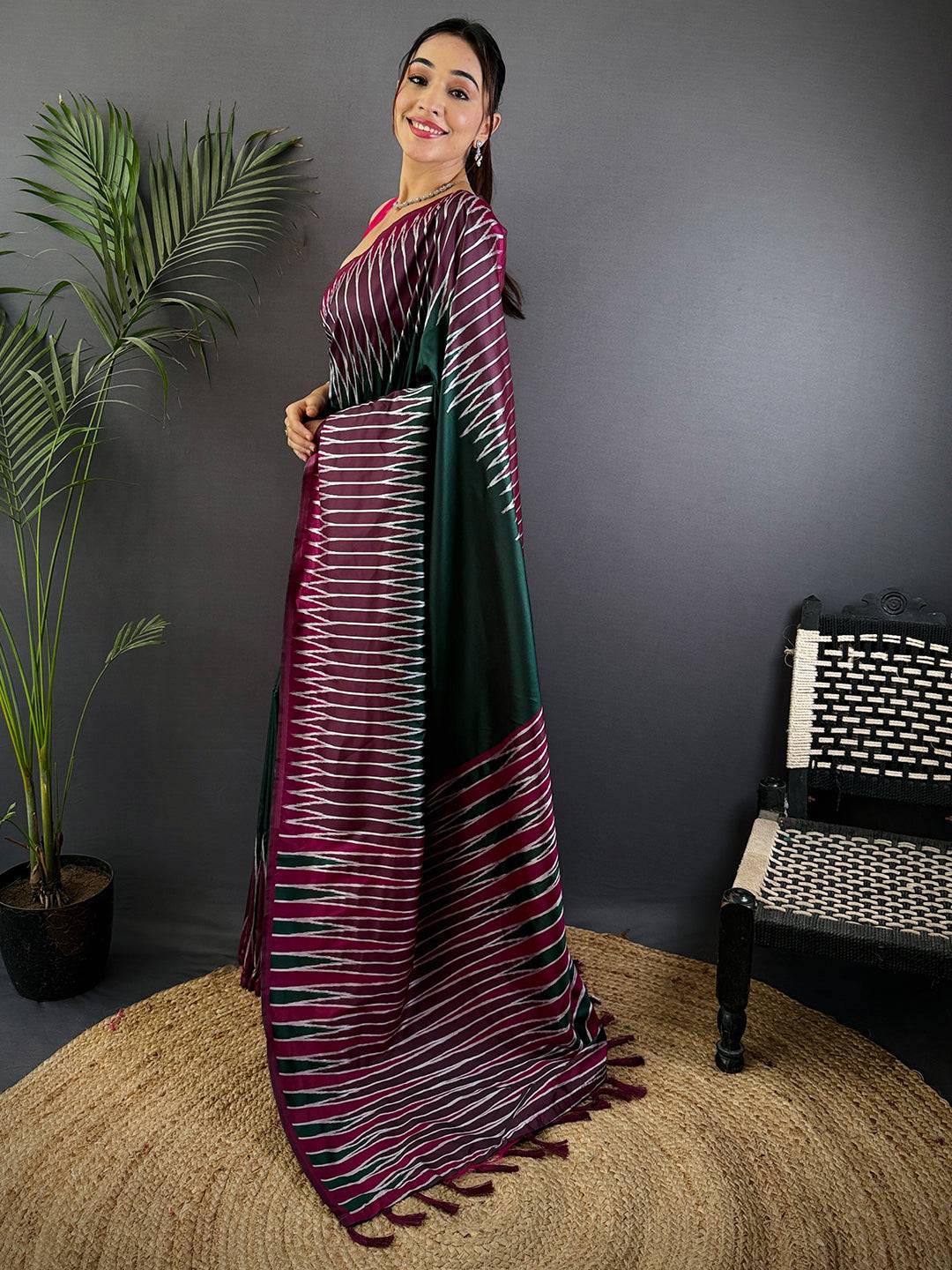 Green Soft Silk Ikkat Zari Weaving Pattu Saree