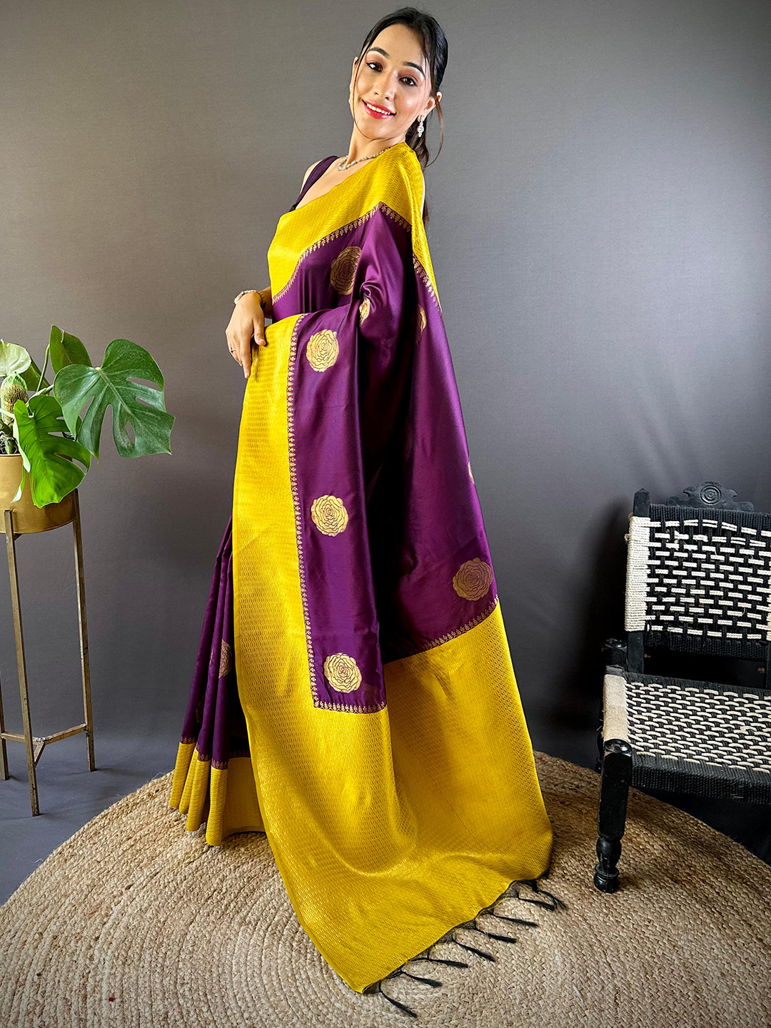 Wine Elegance With Golden Motifs Pattu Saree