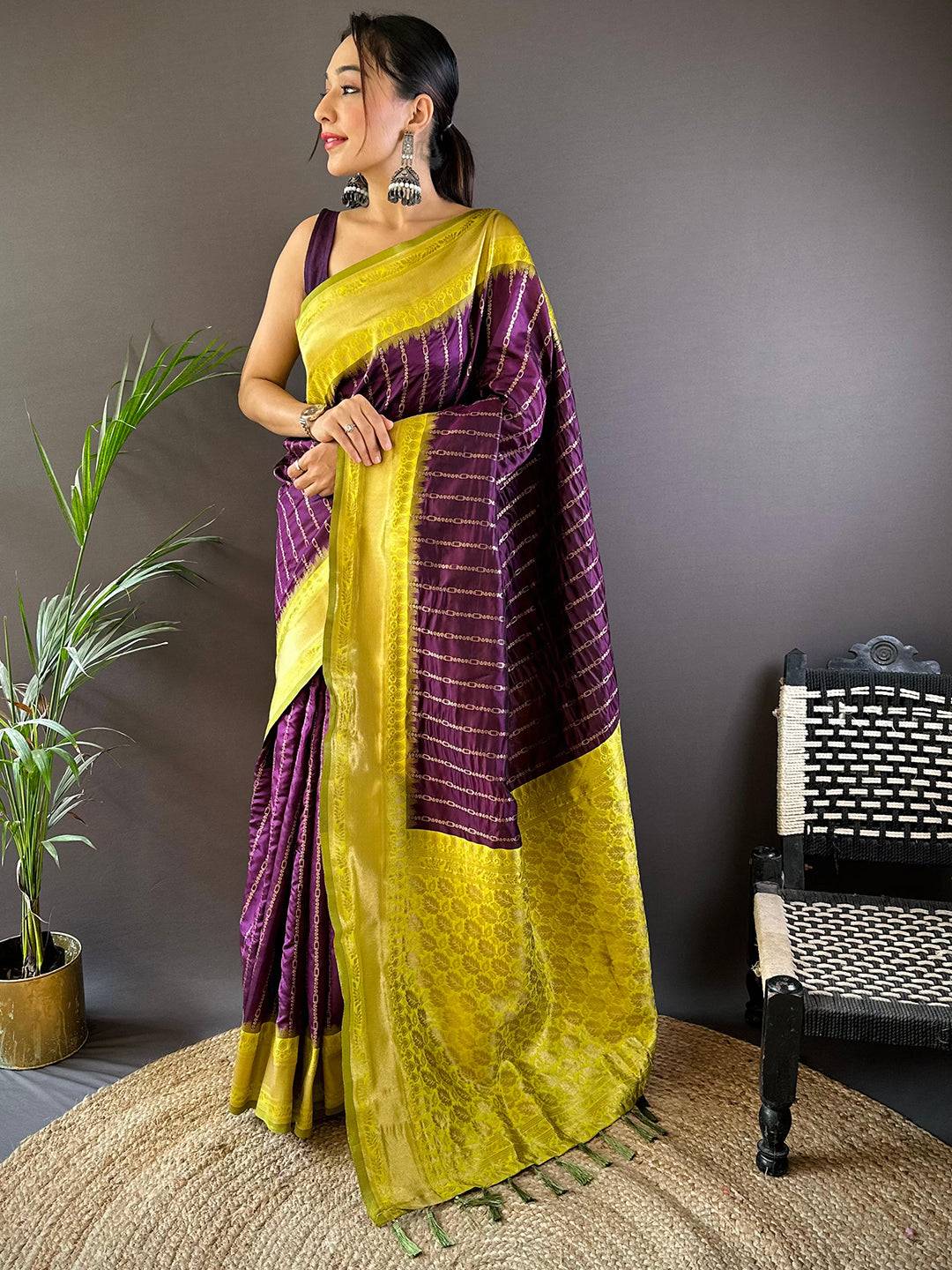 Wine Elegance With Golden Chain Motifs Pattu Saree