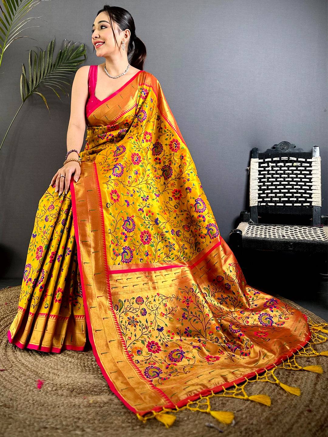 Yellow Minakari Weave Soft Paithani Pattu Saree