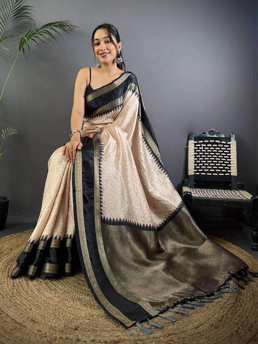 Beige Zari Checked Satin Rettapet Pattu Saree