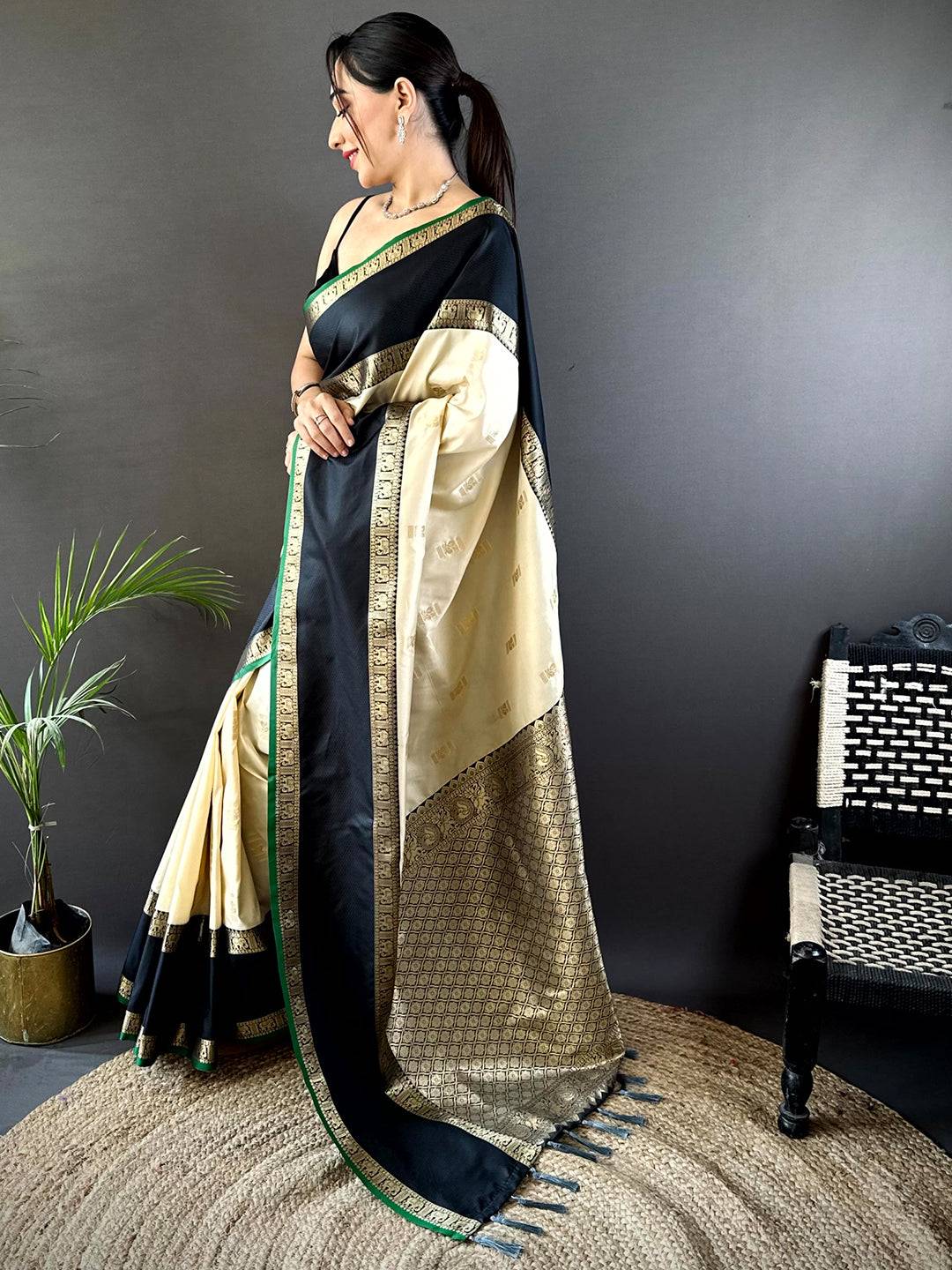 Cream Gadhwal Pure Soft Silk Pattu Saree