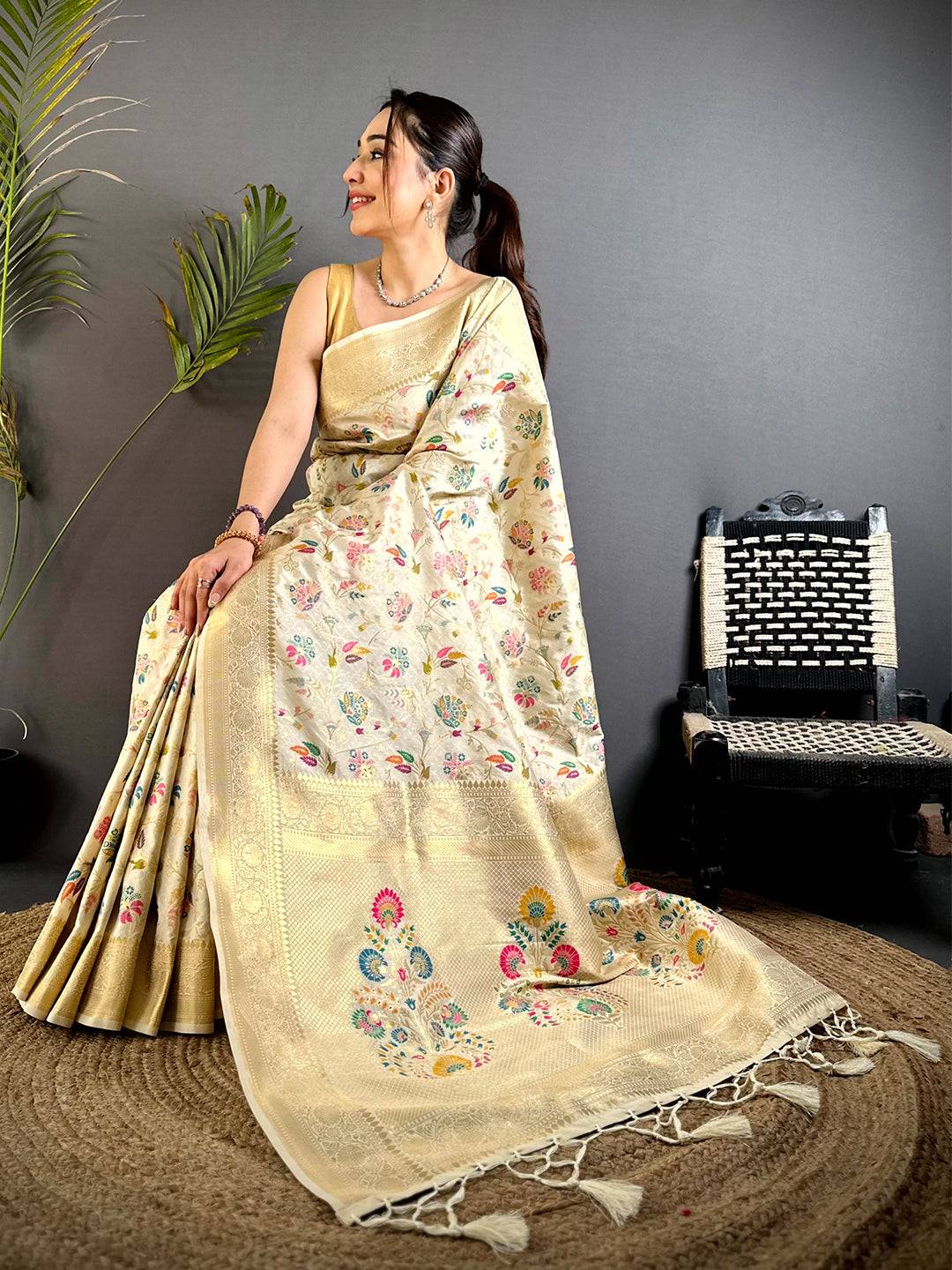 Cream Banarasi Minakari Floral Silk Pattu Saree
