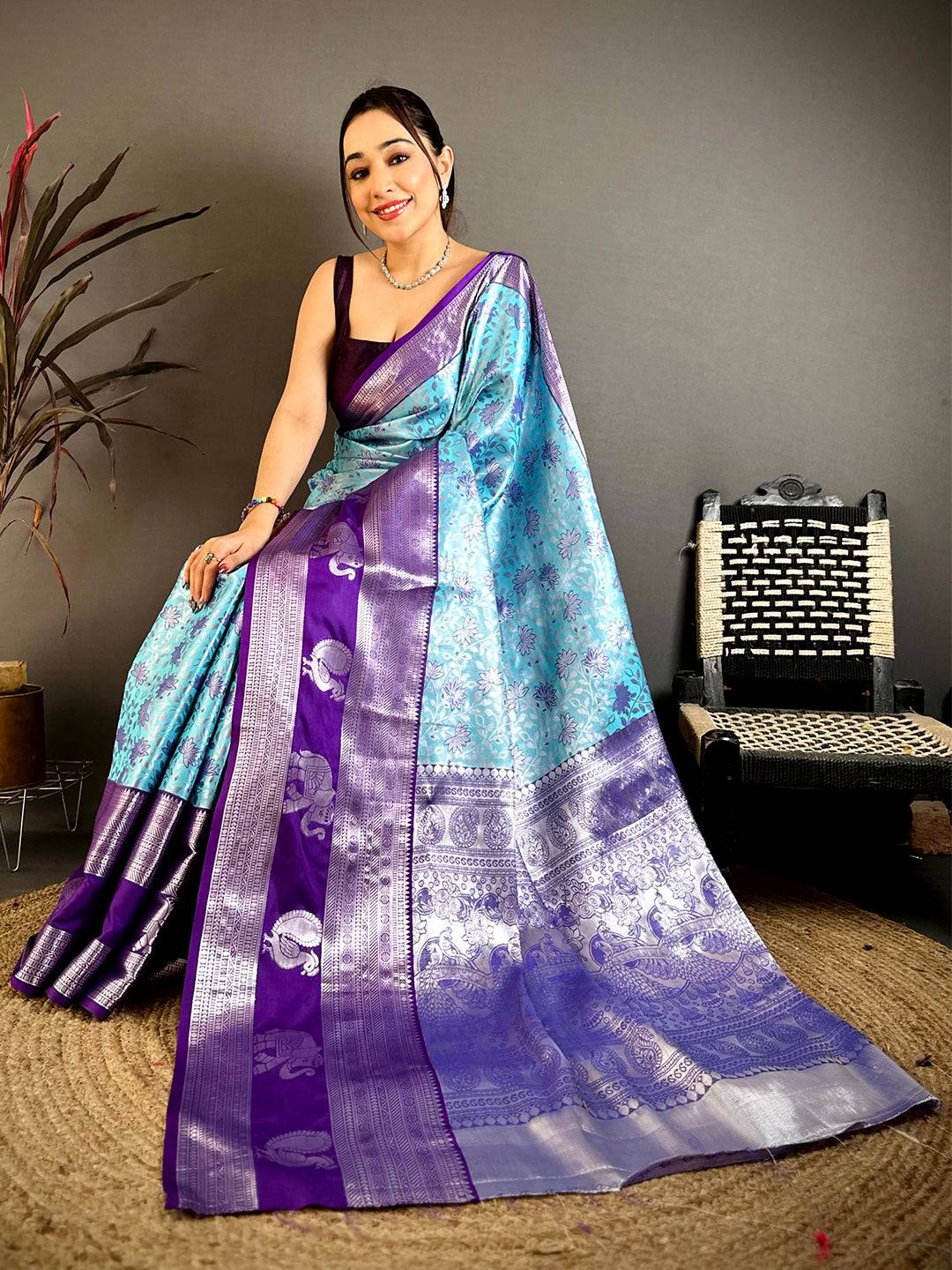Sky Blue Dharmavaram Double Ikkat Pattu Saree