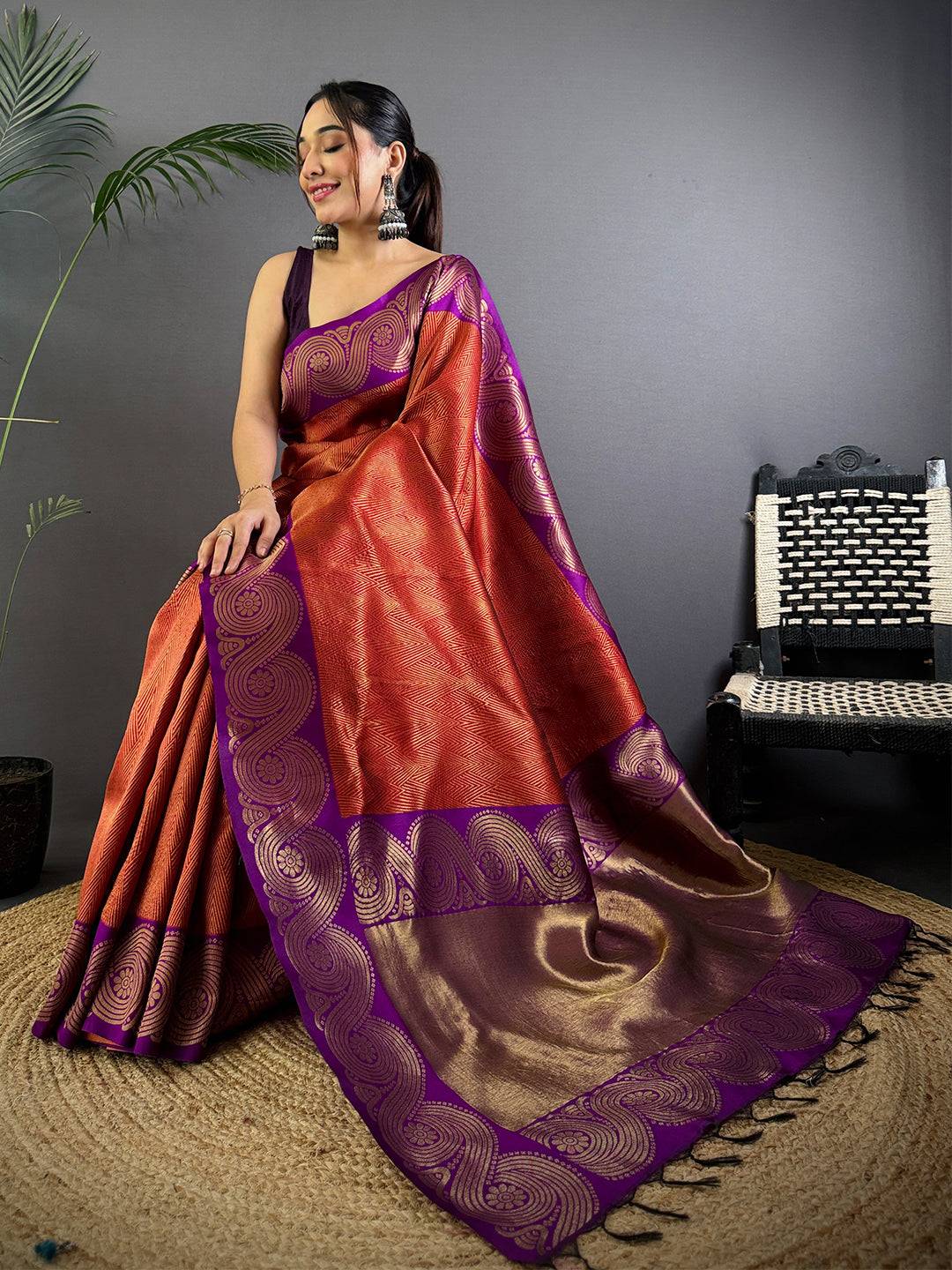 Rust Orange Banarasi Katan Silk Pattu Saree