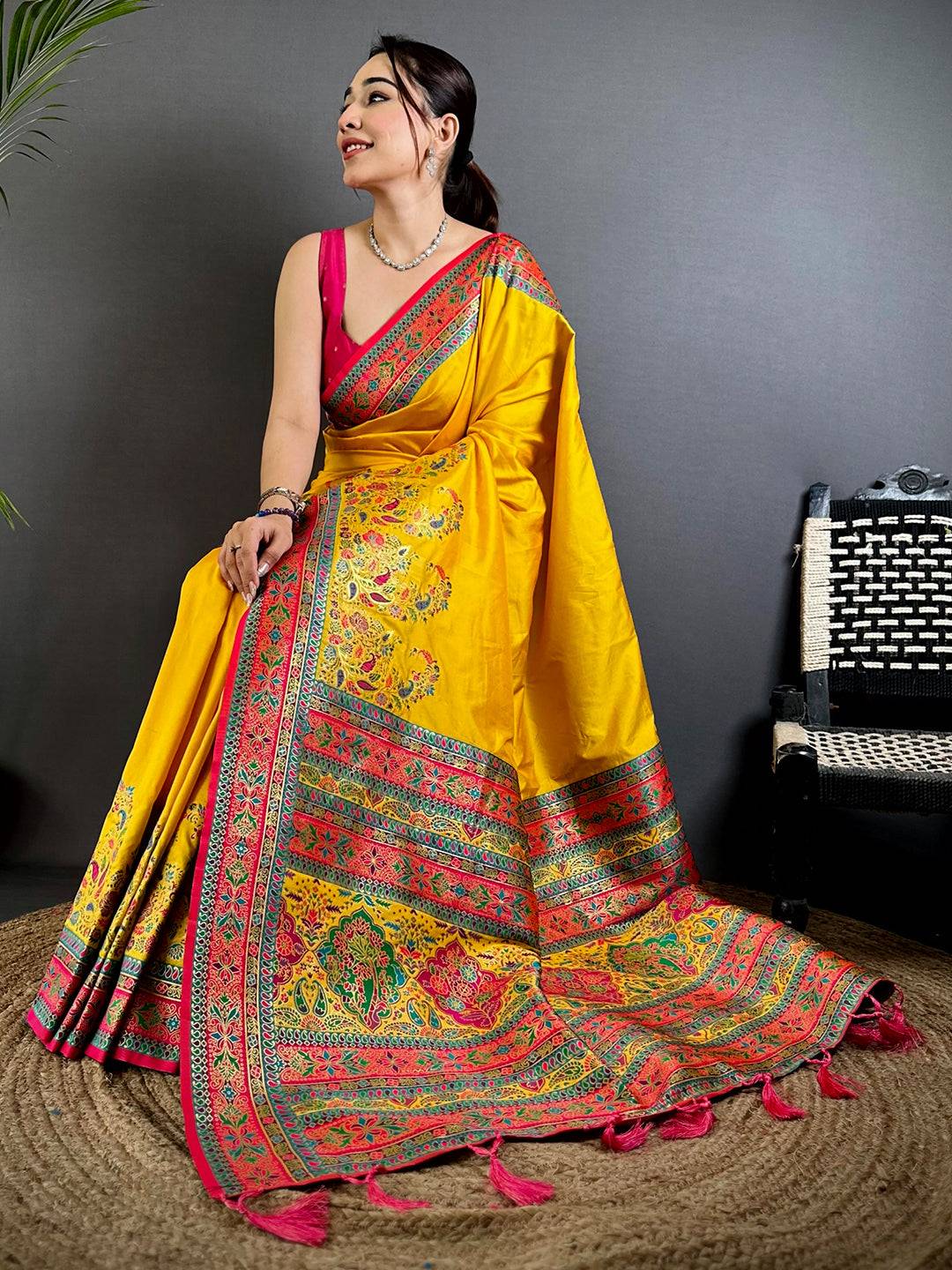 Yellow Kashmiri Pashmina Semi Silk Pattu Saree