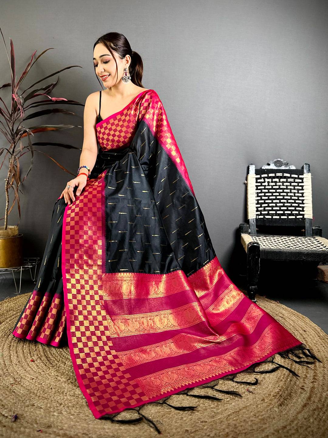 Black Soft Katan Silk Gold Zari Weave Pattu Saree