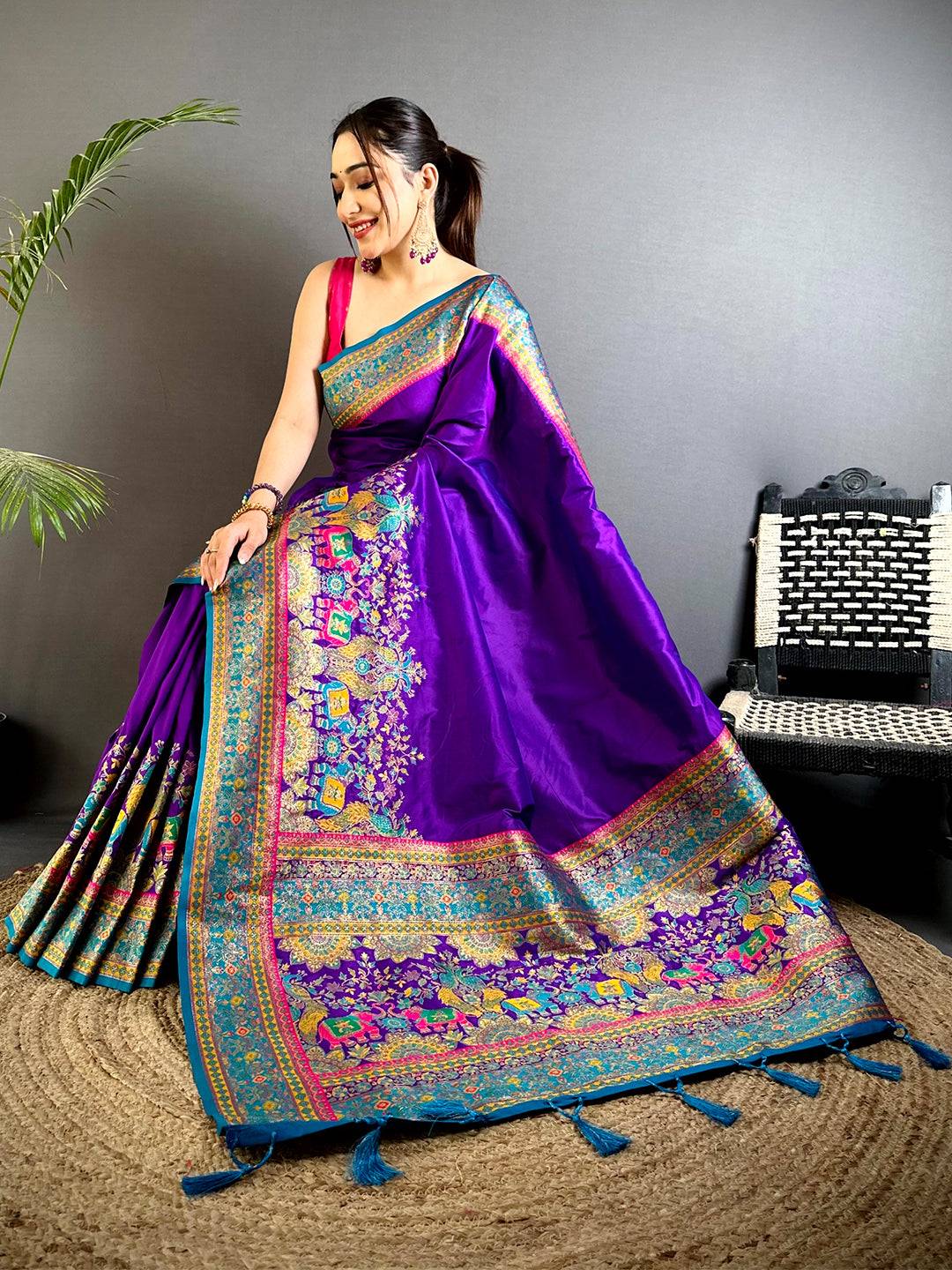 Purple Kashmiri Art Soft Silk Pattu Saree
