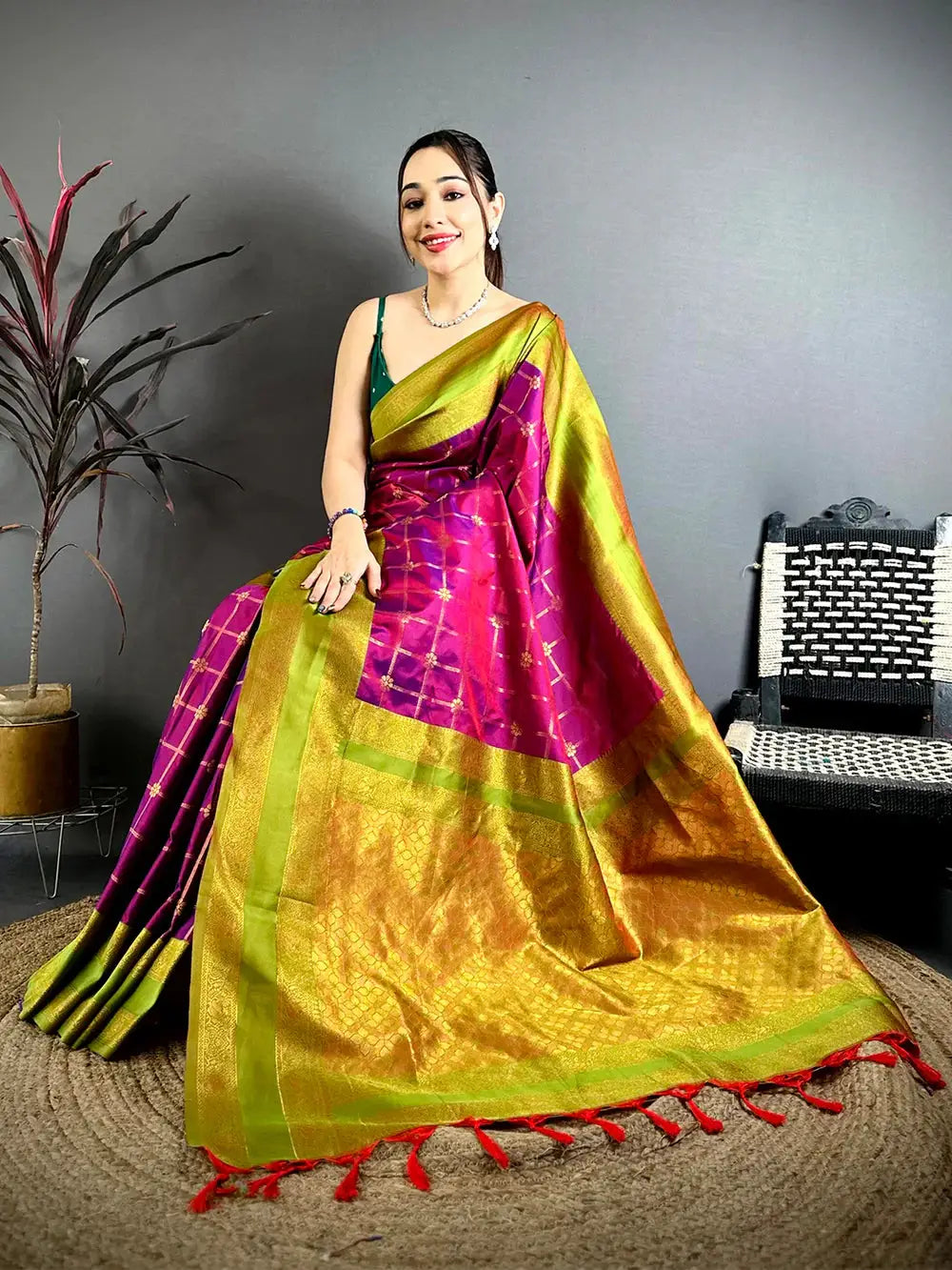 Magenta Check Weave Gadwal Pattu Saree