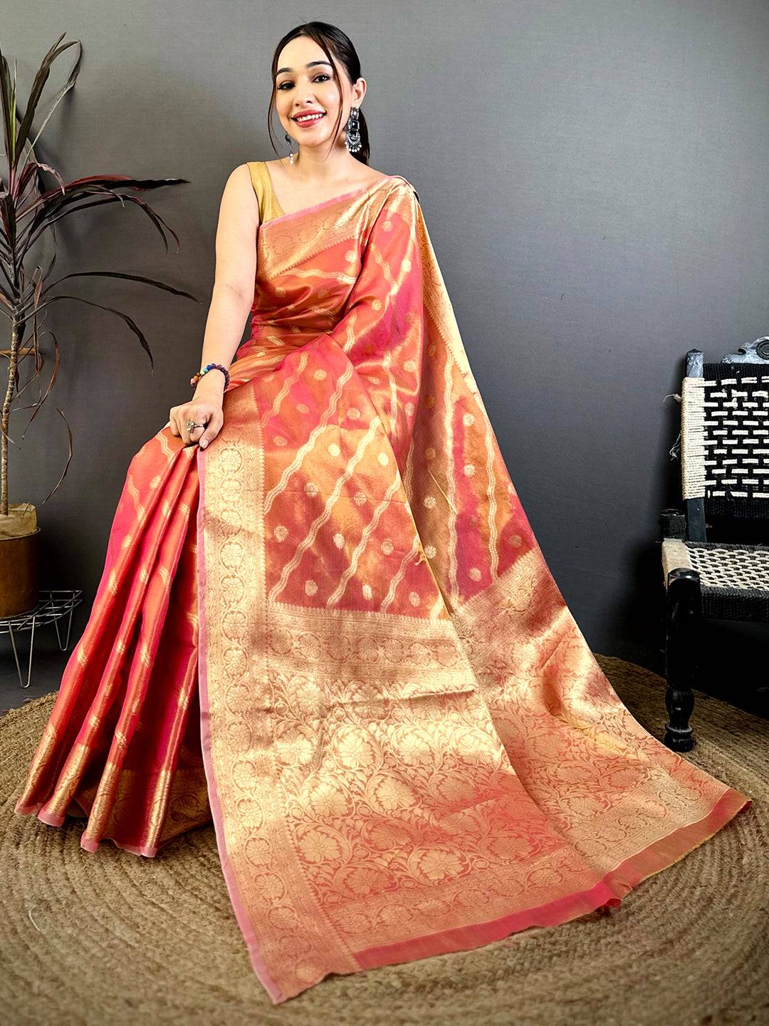 Coral Glass Crush Tissue Leheriya Pattu Saree