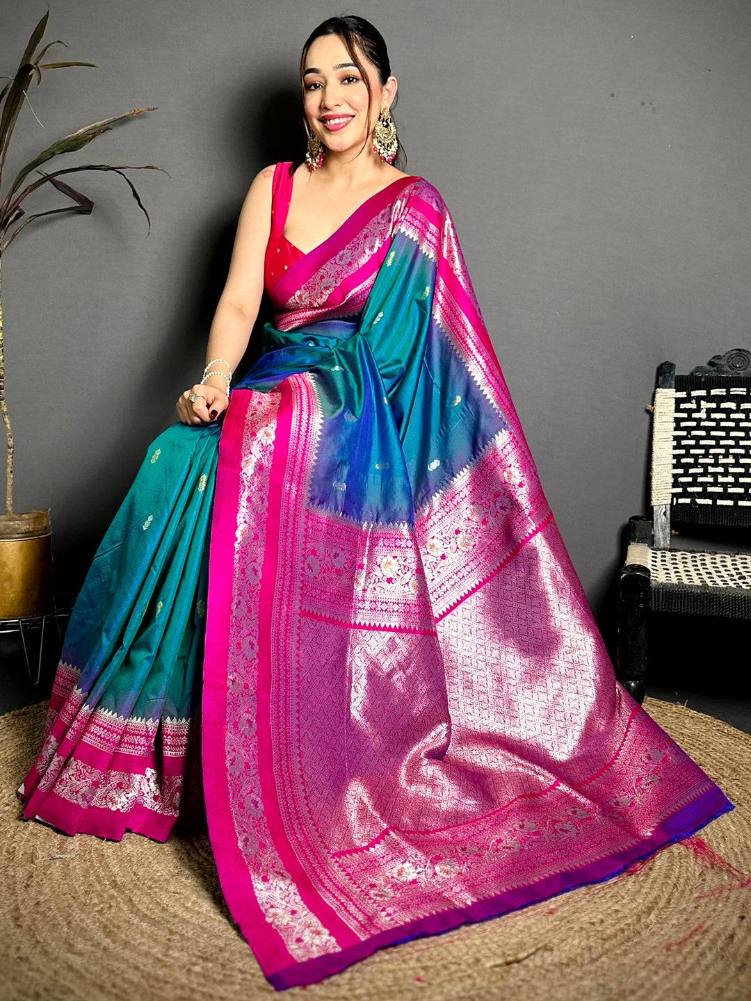Gold Zari Woven Teal Soft Silk Pattu Saree