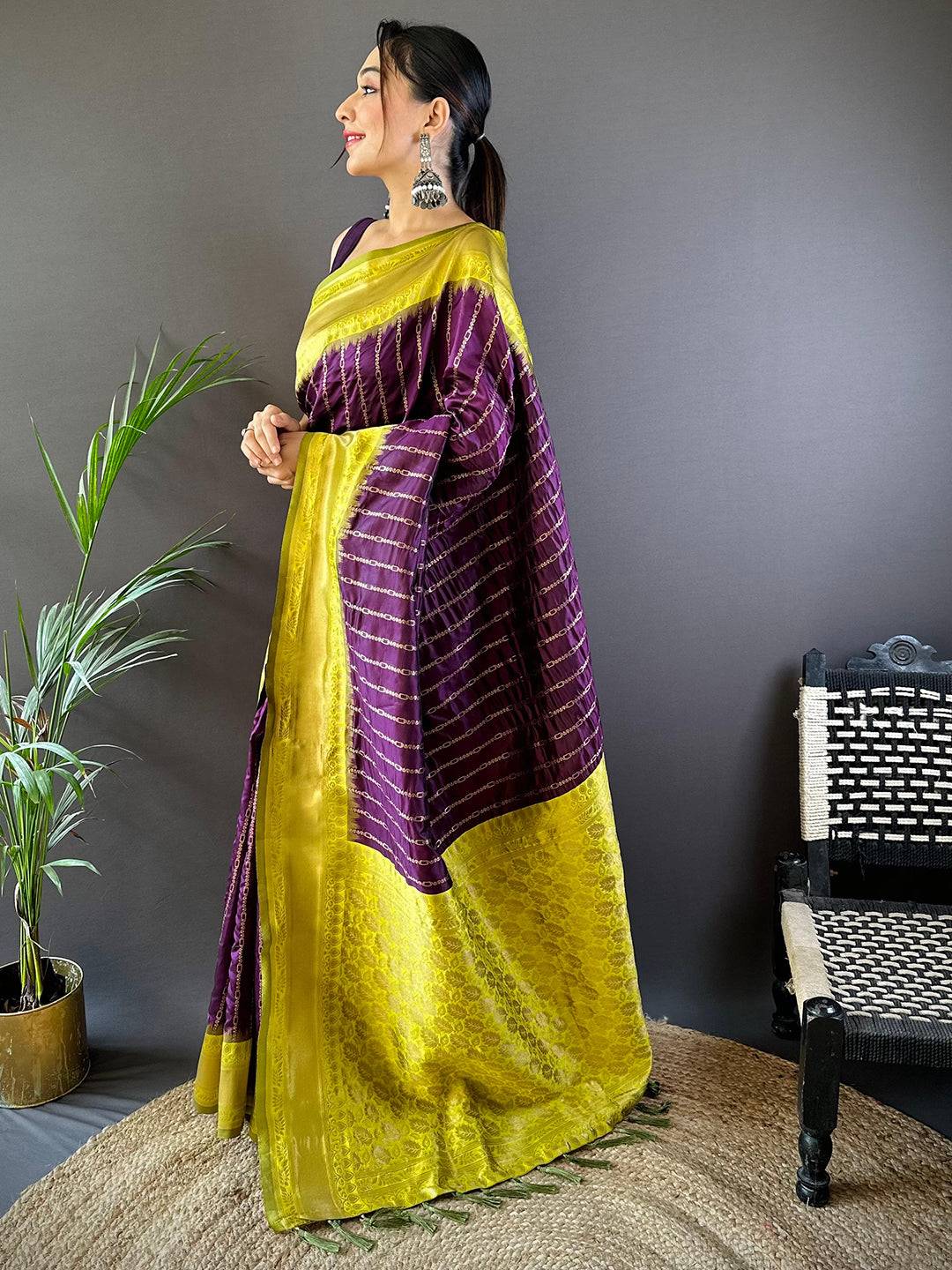 Wine Elegance With Golden Chain Motifs Pattu Saree