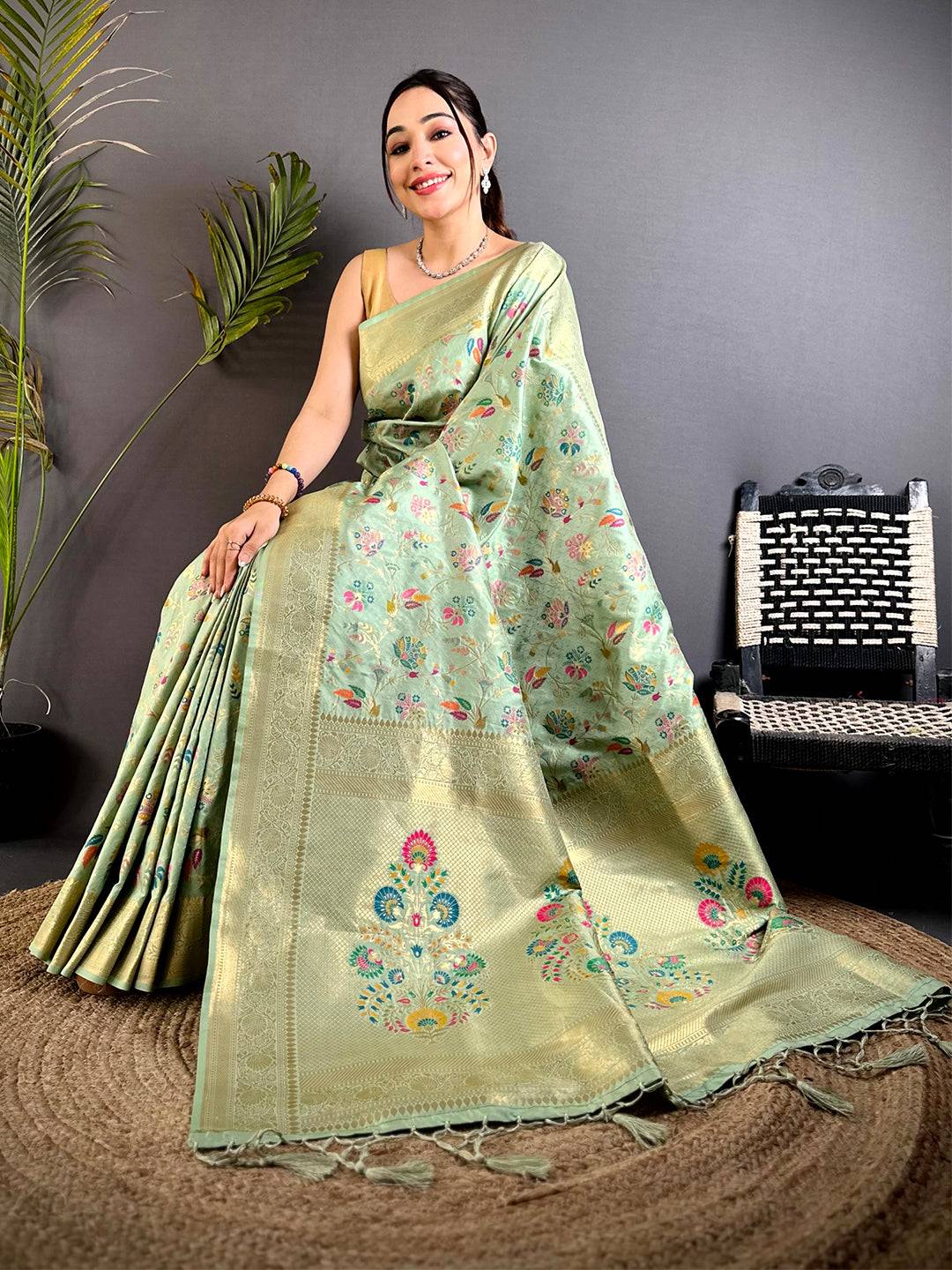 Pista Banarasi Minakari Floral Silk Pattu Saree