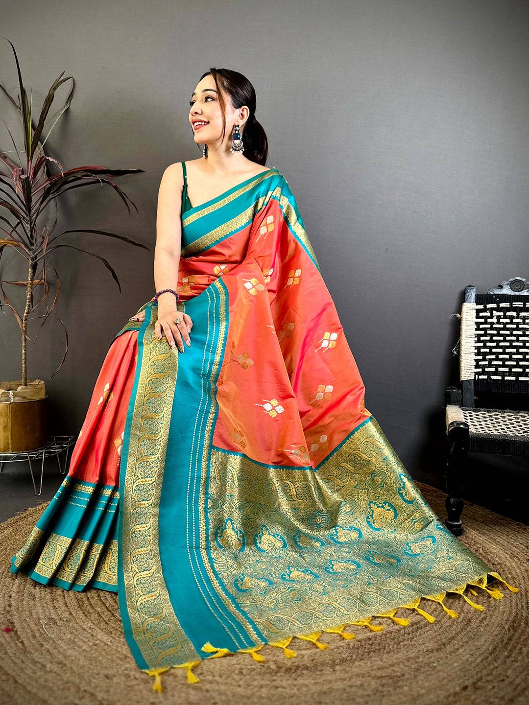 Coral Soft Silk Kanchi Gadwal Pattu Saree