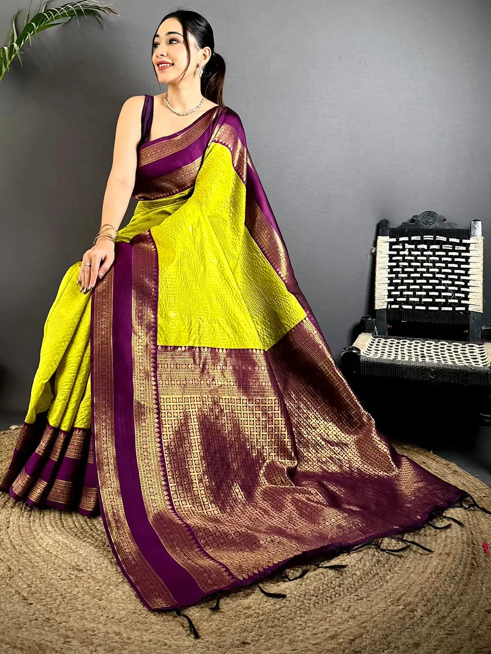 Lime Banarasi Katan Pattu Silk Saree