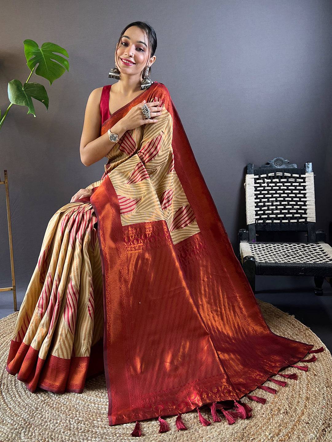 Tan Brown Tussar Silk Zari Weaving Ikkat Pattu Saree