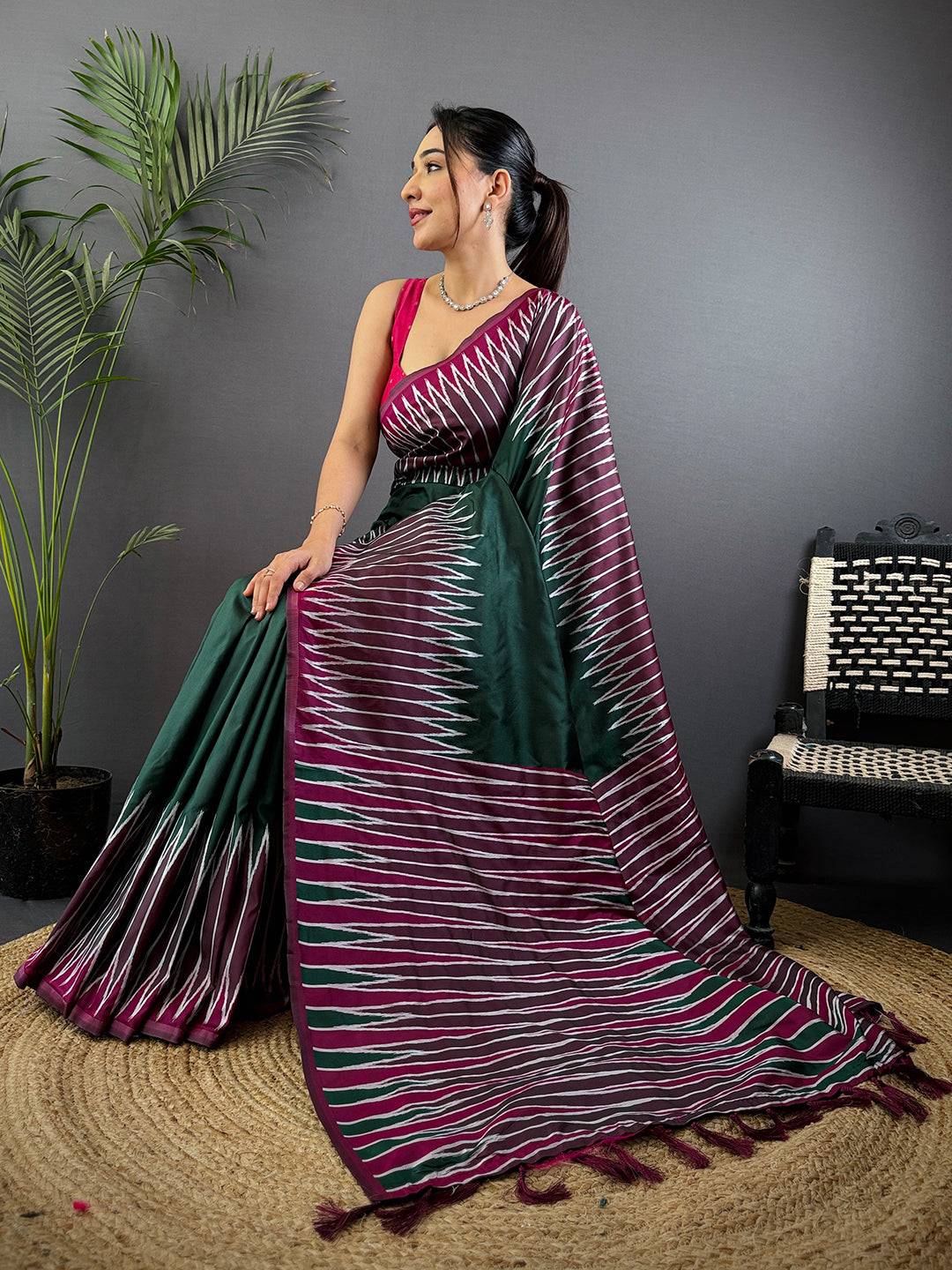 Green Soft Silk Ikkat Zari Weaving Pattu Saree