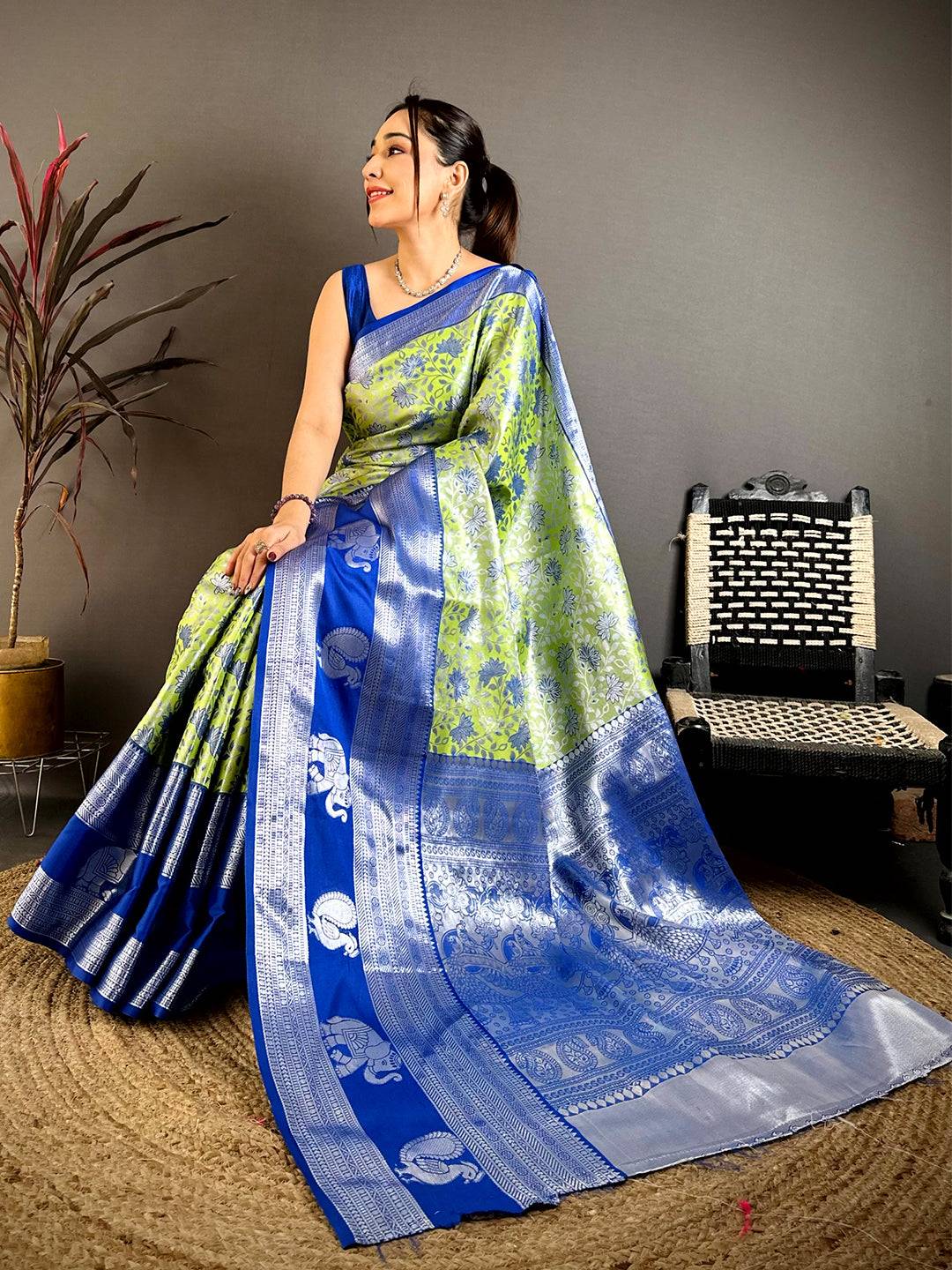 Lime Green Dharmavaram Double Ikkat Pattu Saree