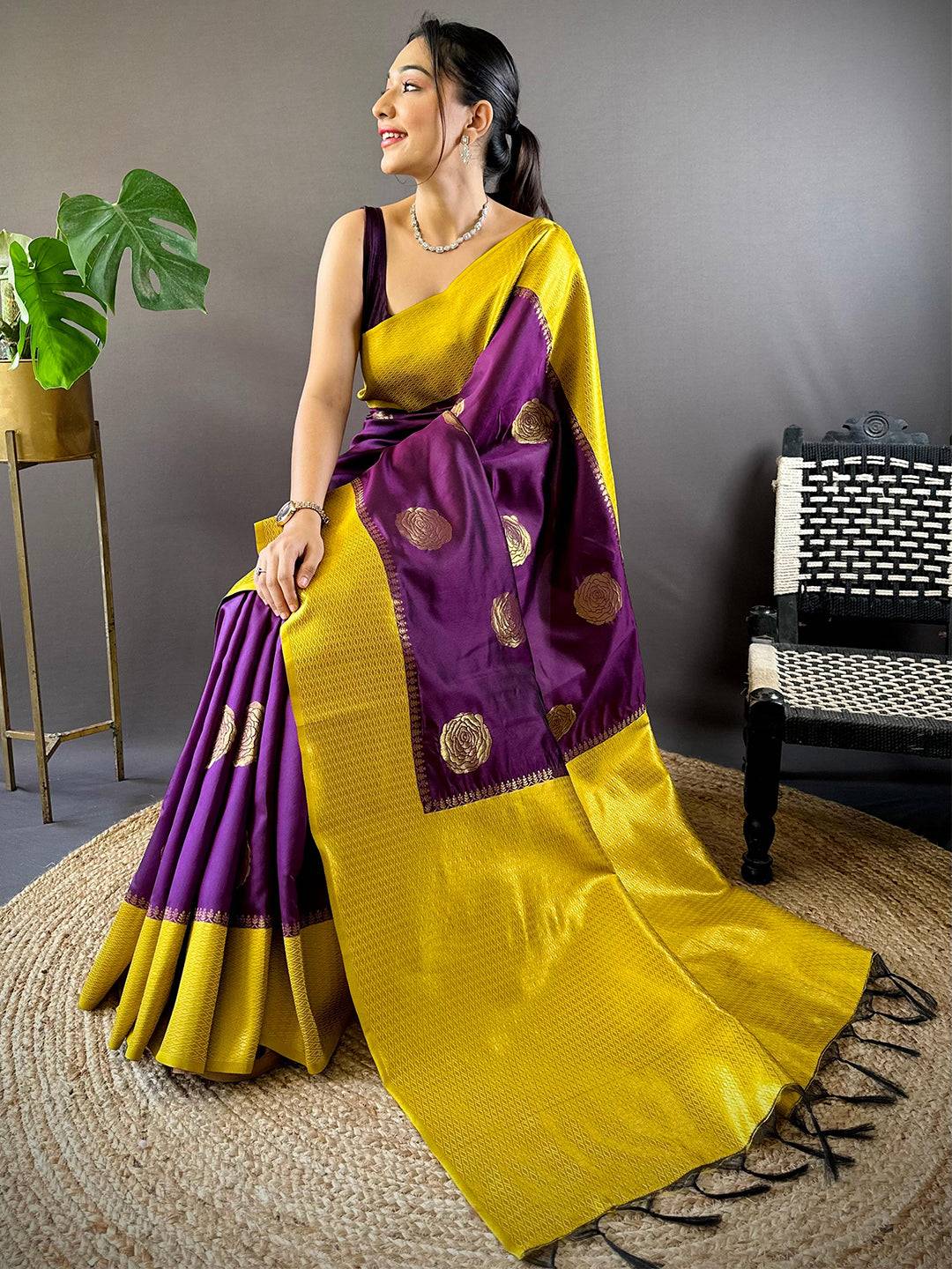 Wine Elegance With Golden Motifs Pattu Saree