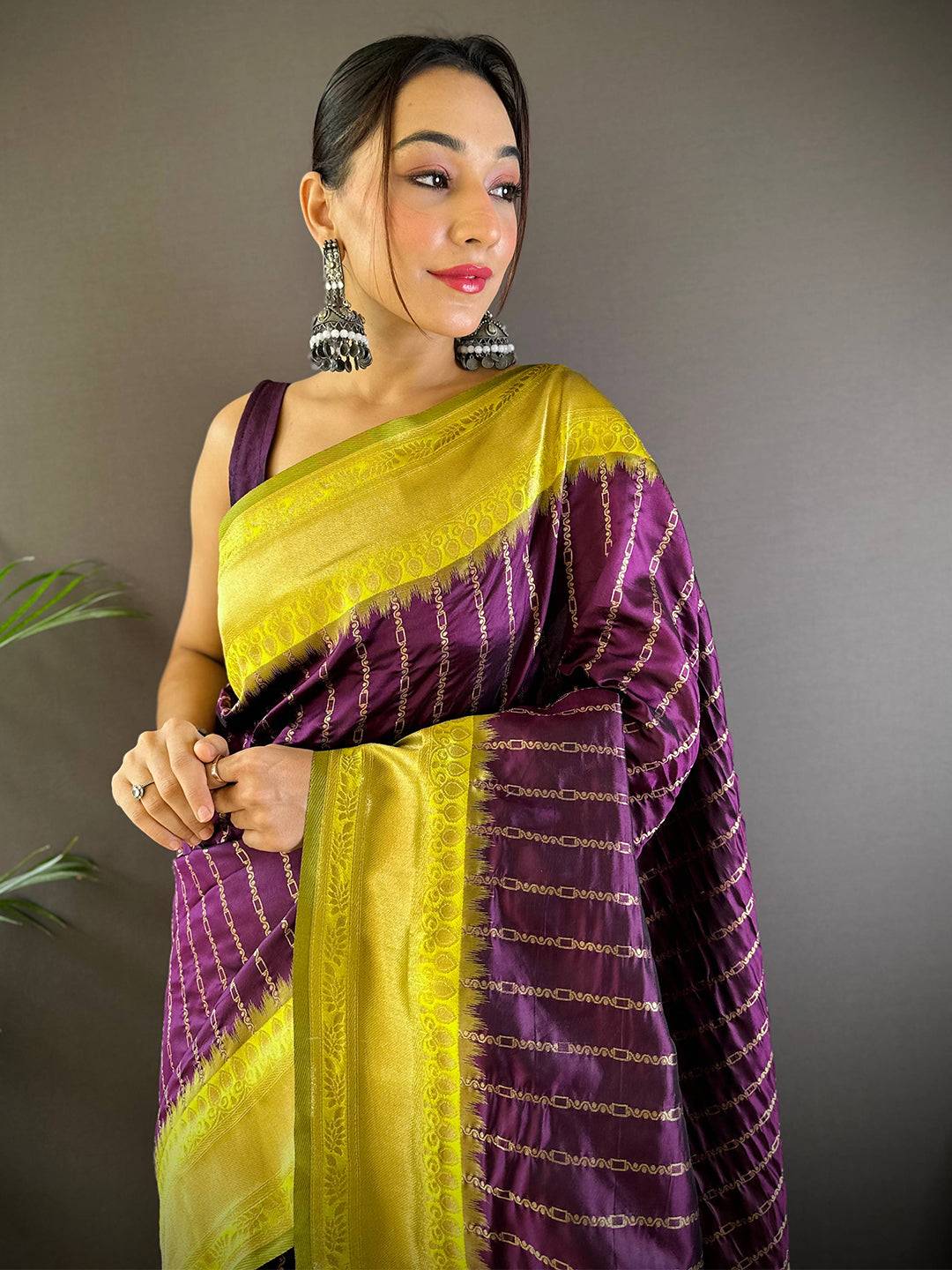Wine Elegance With Golden Chain Motifs Pattu Saree
