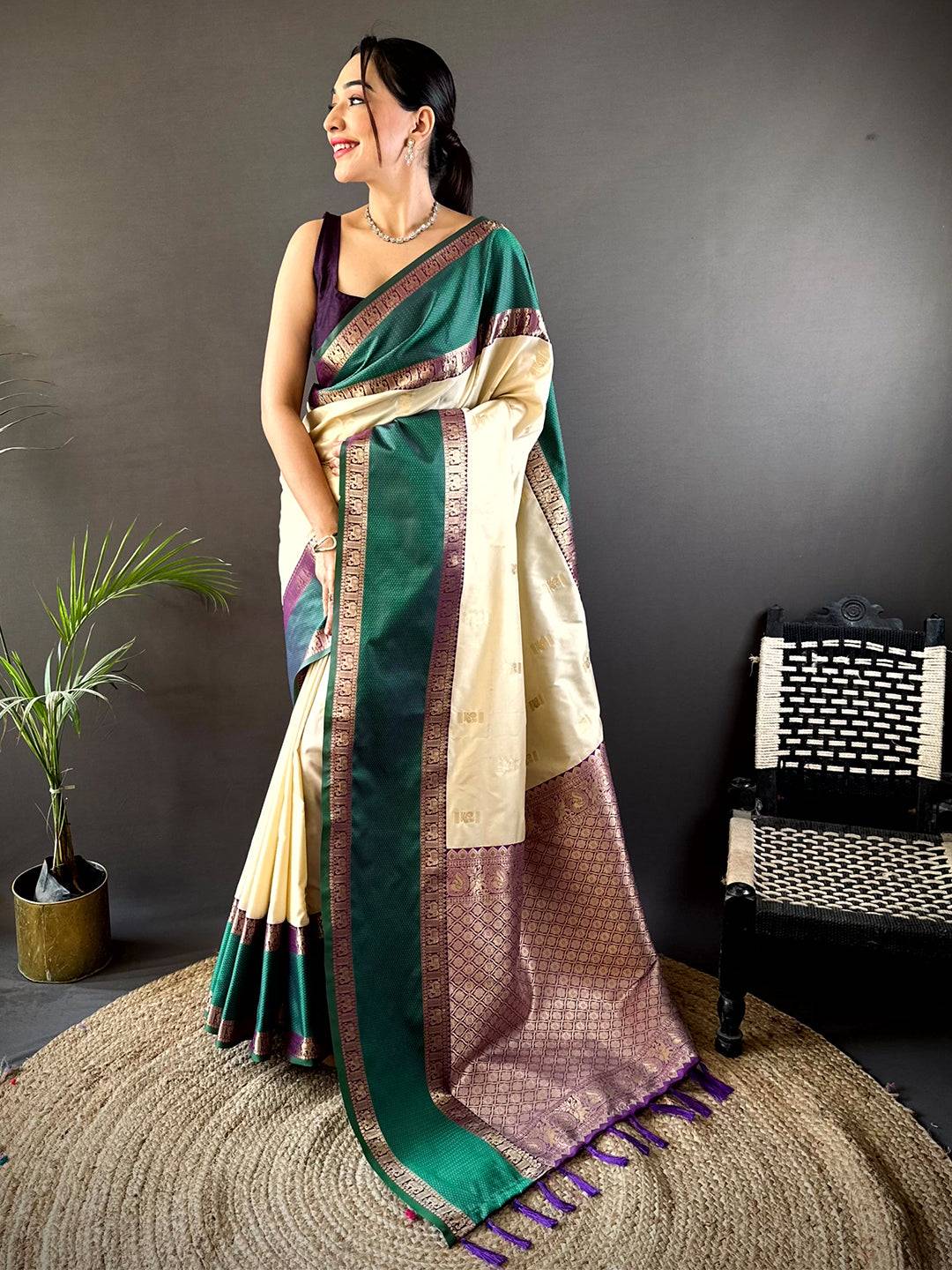 Graceful Cream Gadhwal Soft Silk Pattu Saree
