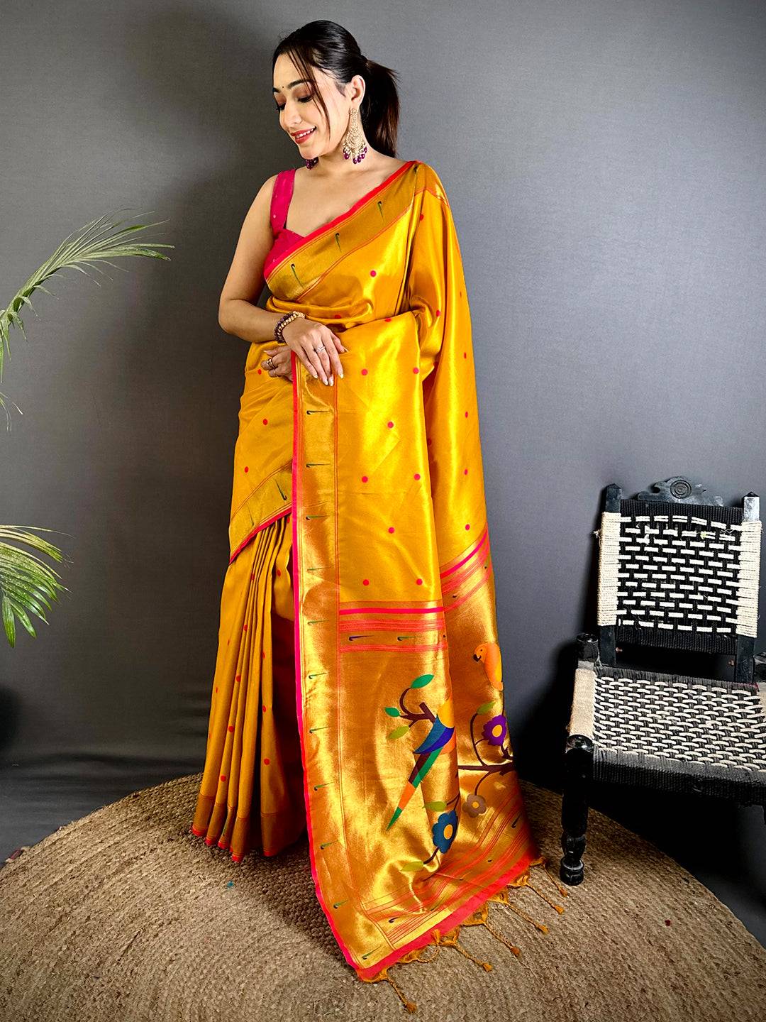 Yellow Glass Tissue Yevla Paithani Pattu Saree