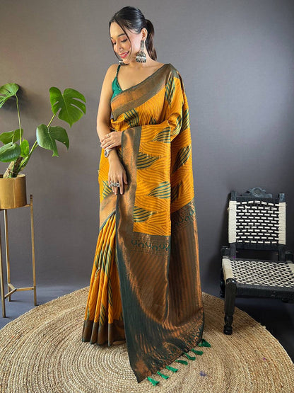 Mustard Tussar Silk Zari Weaving Ikkat Pattu Saree
