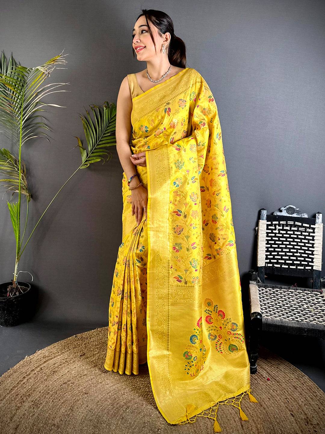 Yellow Banarasi Minakari Floral Silk Pattu Saree

