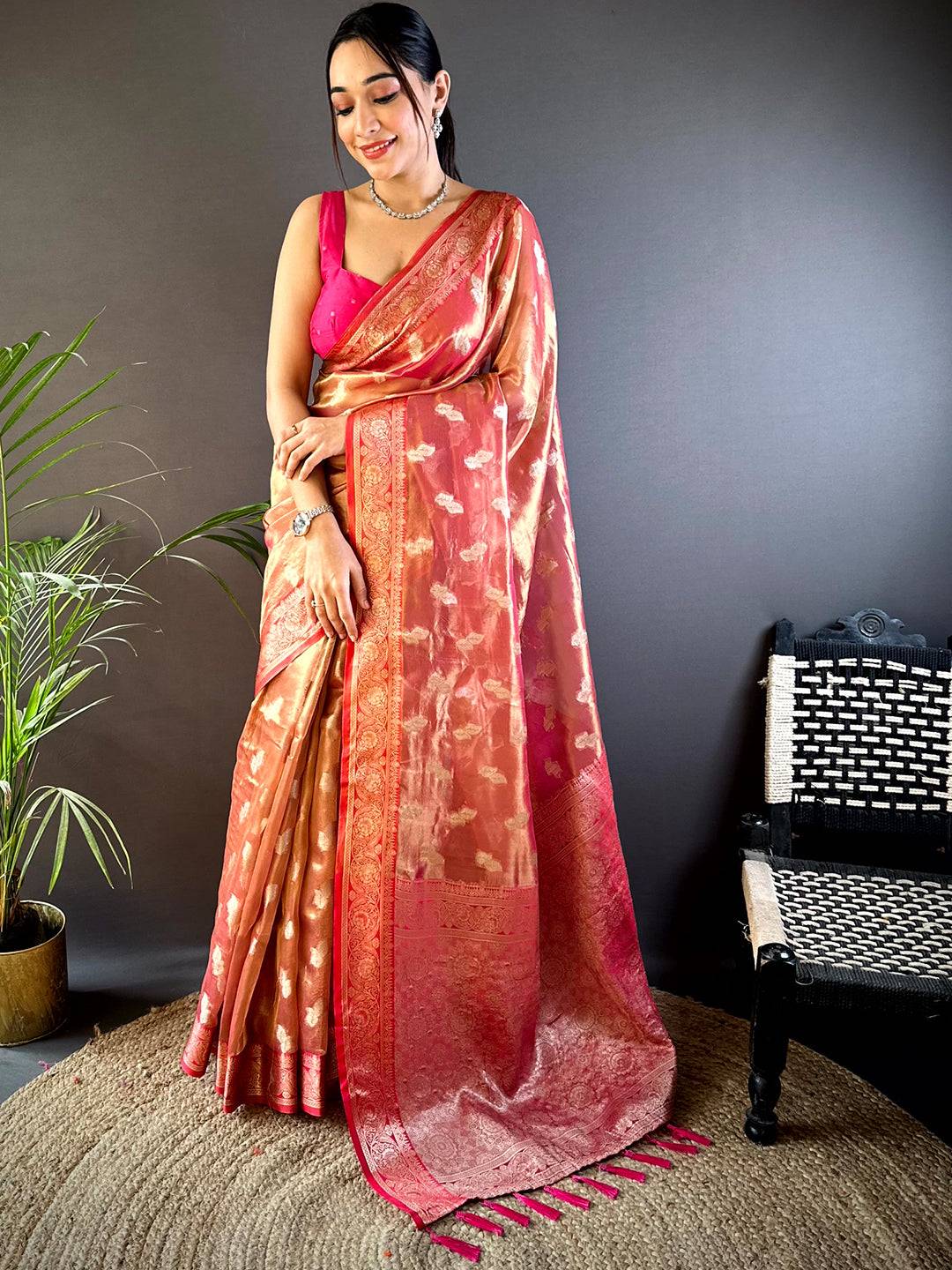 Radiant Red Kora Tissue Pattu Saree