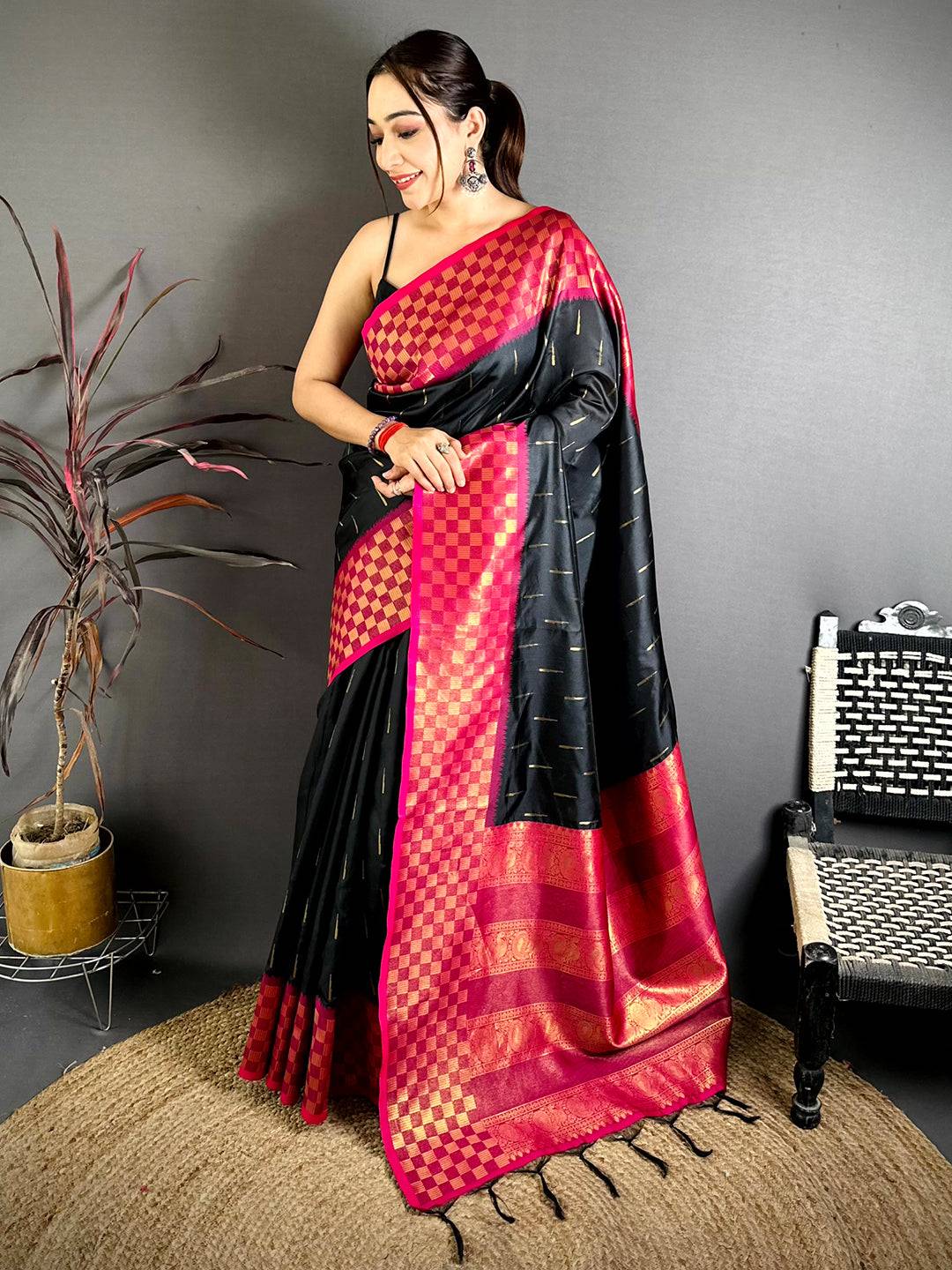 Black Soft Katan Silk Gold Zari Weave Pattu Saree