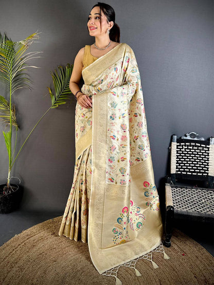 Cream Banarasi Minakari Floral Silk Pattu Saree

