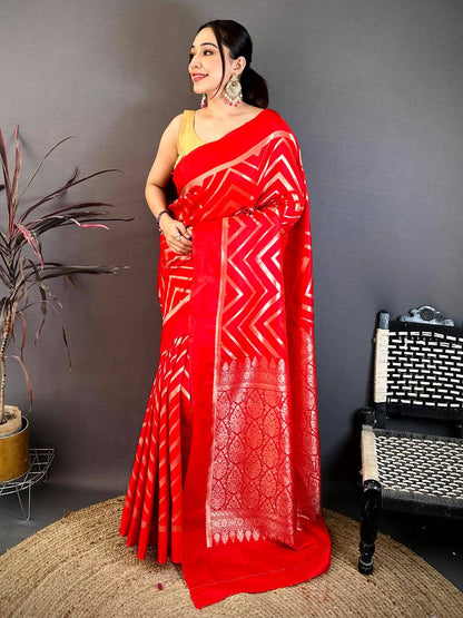 Red Geometric Zari Weave Banarasi Pattu Saree
