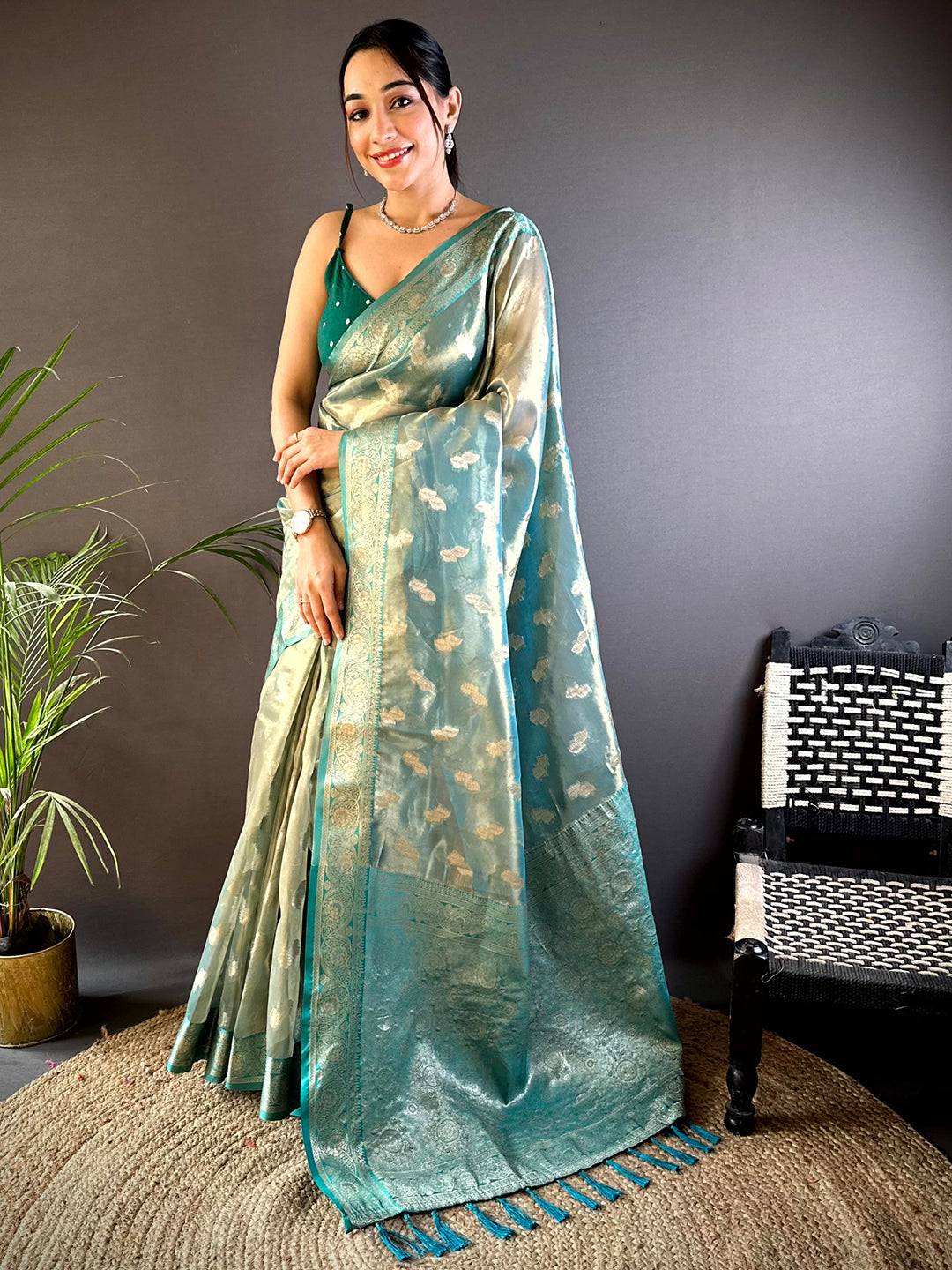 Elegant Teal Kora Tissue Pattu Saree