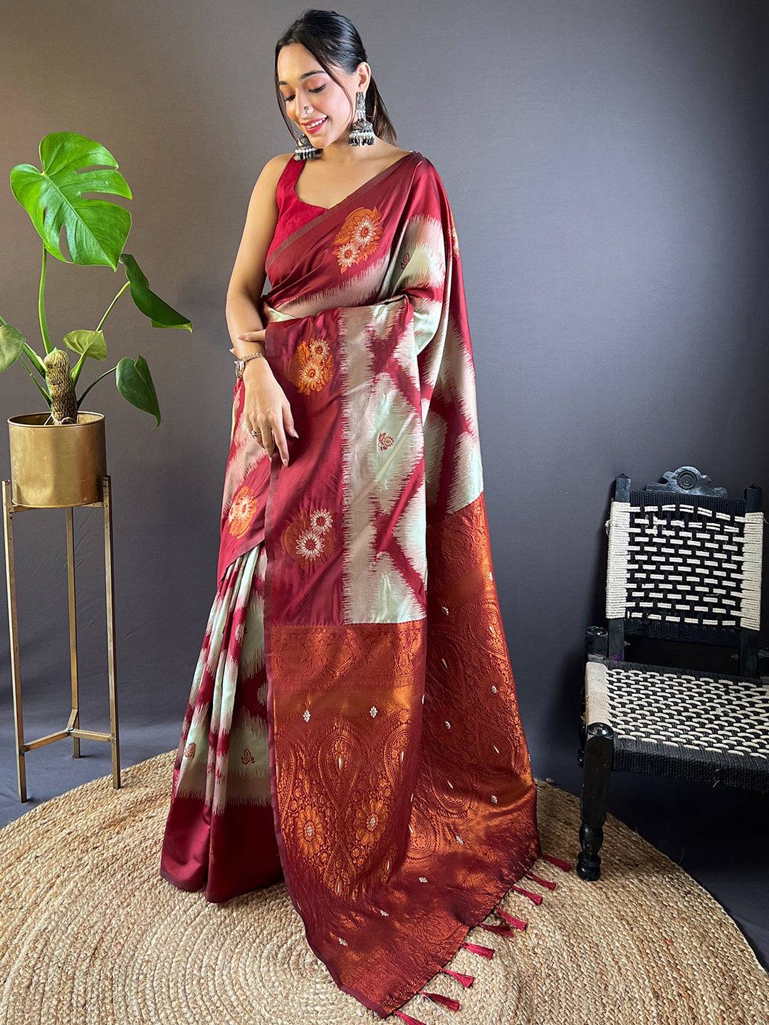 Maroon Tussar Silk Ikkat Weaving Pattu Saree