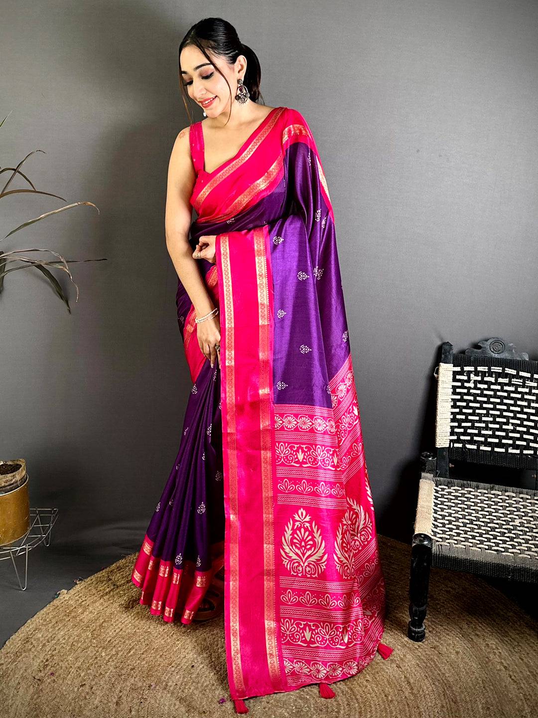 Purple Soft Dola Block Print Pallu Pattu Saree