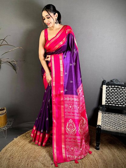 Purple Soft Dola Block Print Pallu Pattu Saree