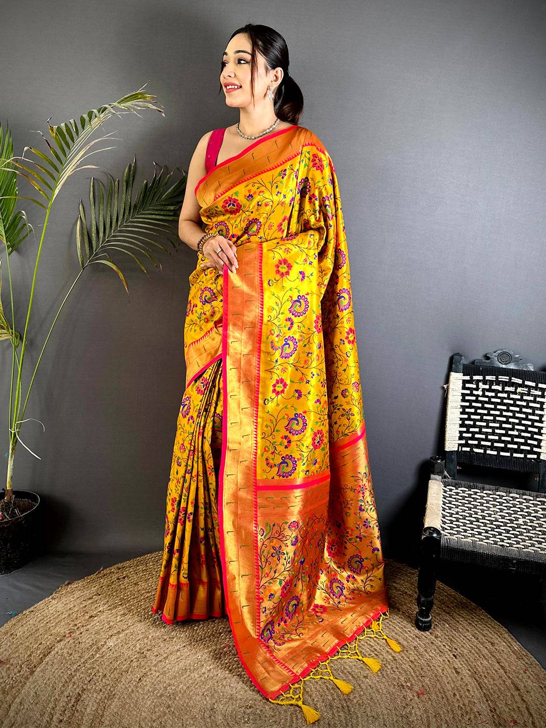 Yellow Minakari Weave Soft Paithani Pattu Saree
