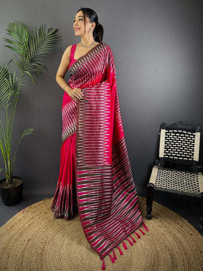 Pink Soft Silk Ikkat Zari Weaving Pattu Saree